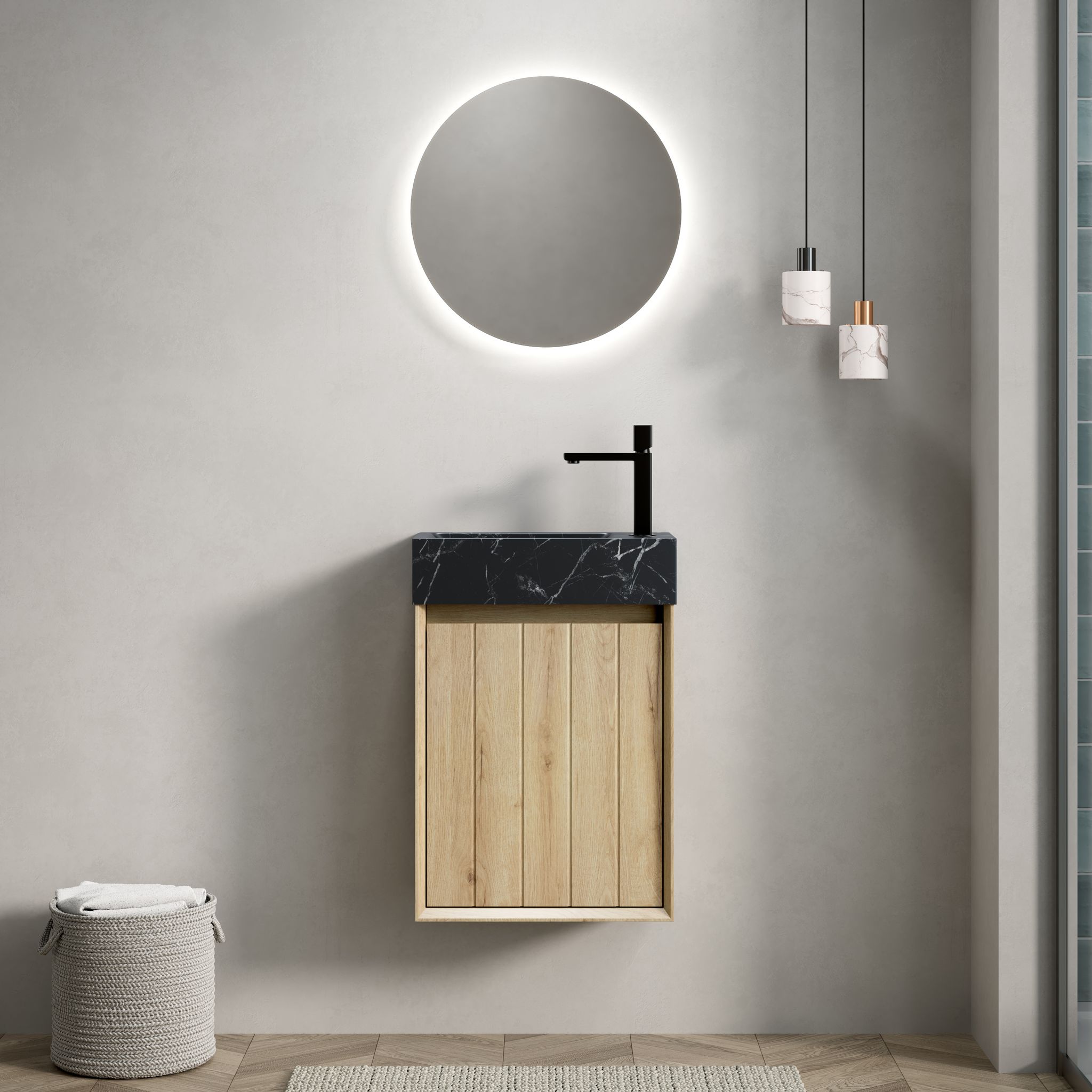 Wandmontierter Waschtisch 40 Cm Mit Marmor-unterbauwaschbecken, Sperrholz, Weiße Eiche, Für Ecken