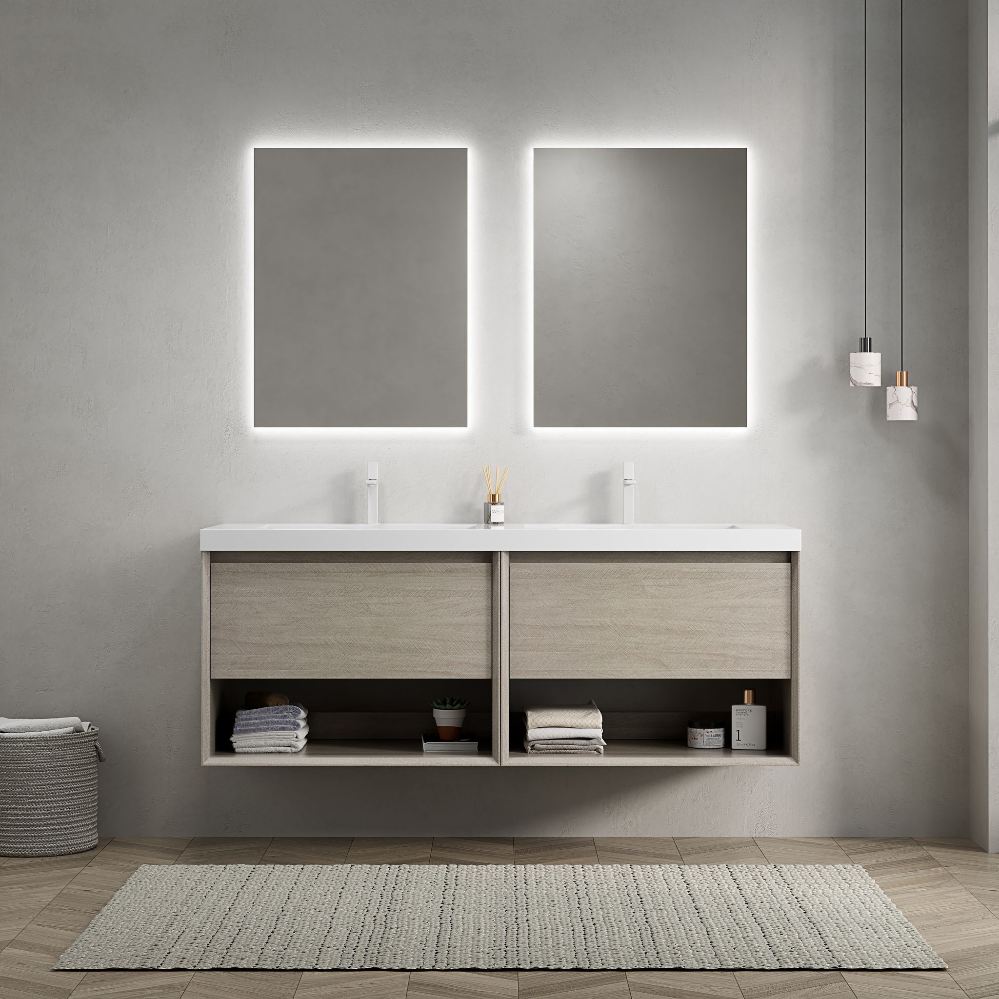 140cm Wand-doppelwaschtisch, 2 Harzwaschbecken, Schrank Mit 2 Schubladen & 2 Regalen, Vormontiert