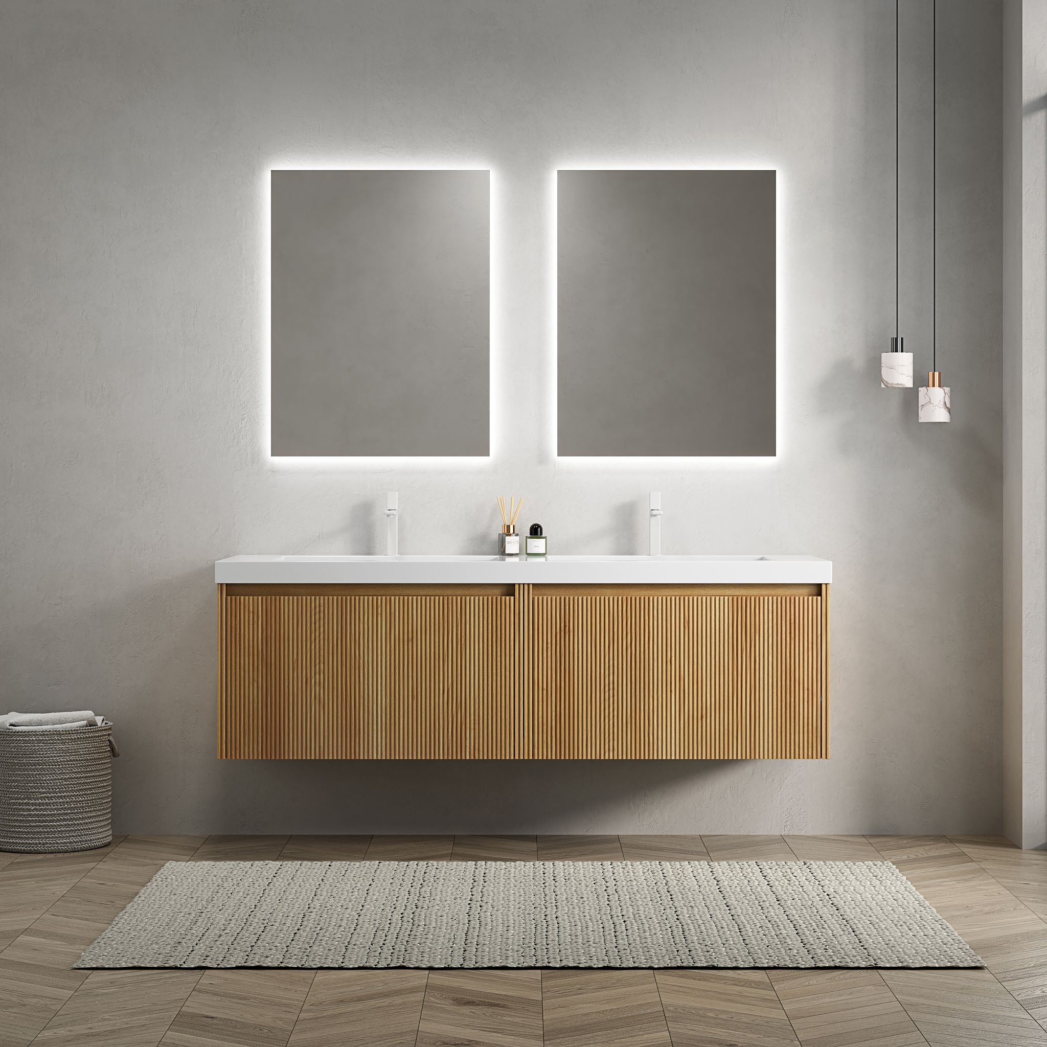 140cm Wand-doppelwaschtisch, 2 Harzwaschbecken, Sperrholzschrank Mit 2 Schubladen, Vormontiert