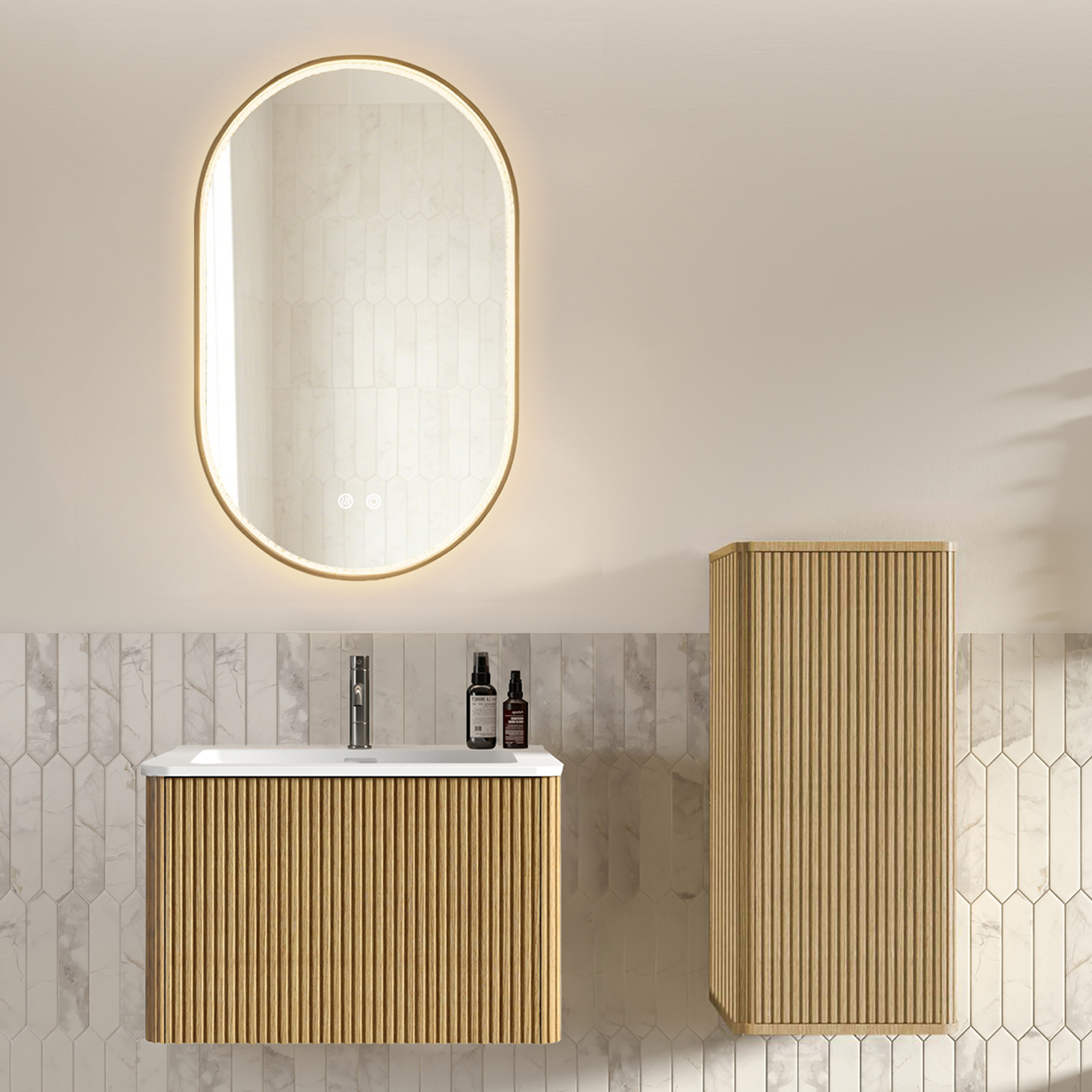 Badmöbel Set 60cm Mit Ovalem Led-spiegel (gold), Waschbecken, Unterschrank & Stauraumschrank, Eiche