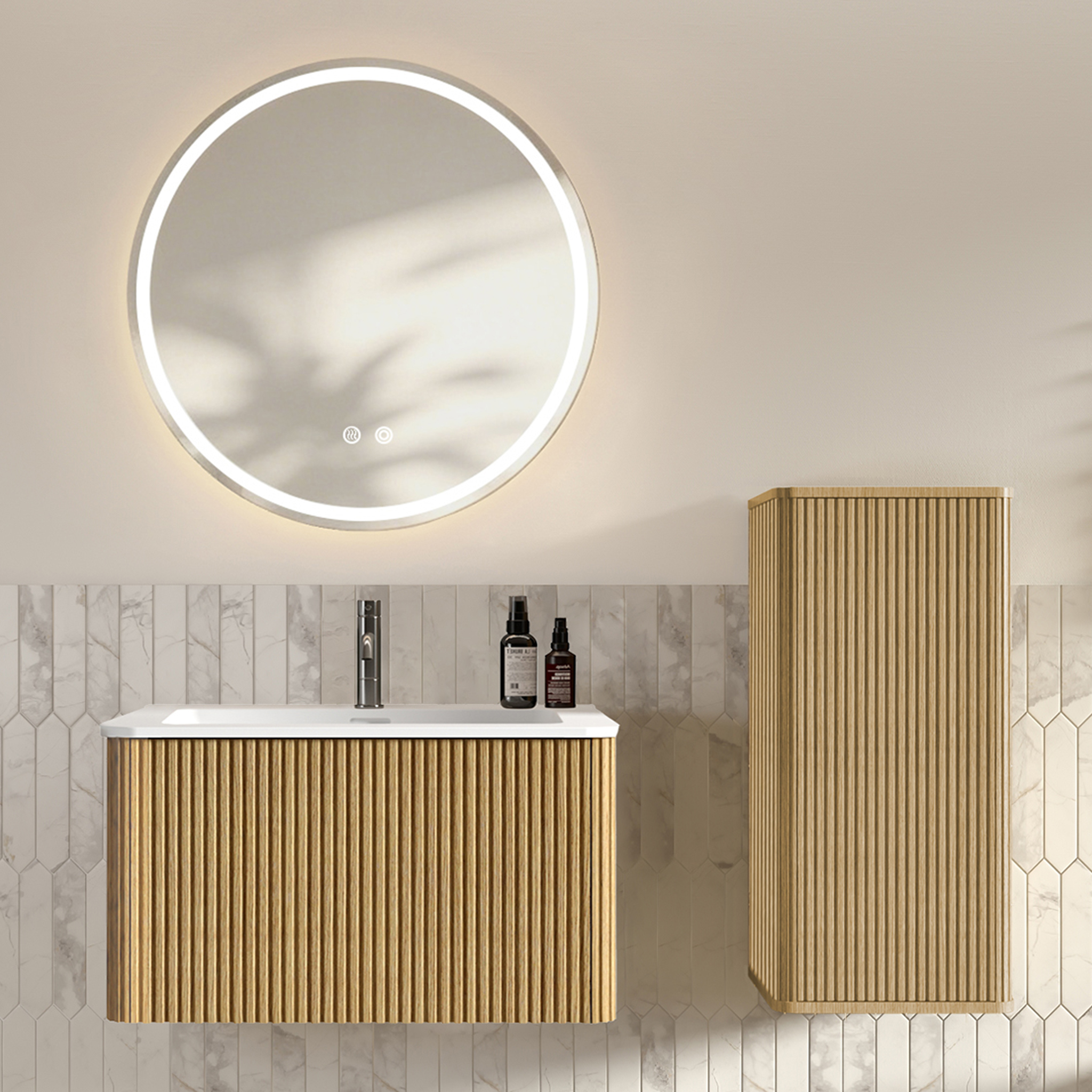 Badmöbel Set 80cm Mit Rundem Led-spiegel, Waschbecken, Unterschrank & Seitenschrank, Eiche