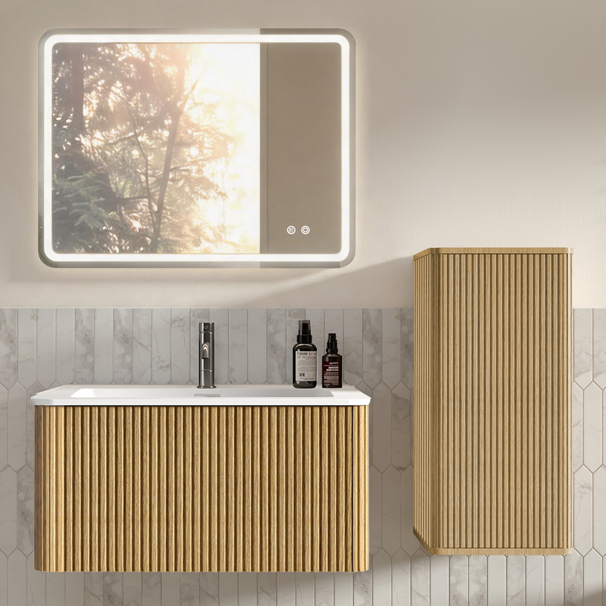 Badmöbel Set 80cm Mit Quadratischem Led-spiegel, Waschbecken, Unterschrank & Seitenschrank, Eiche