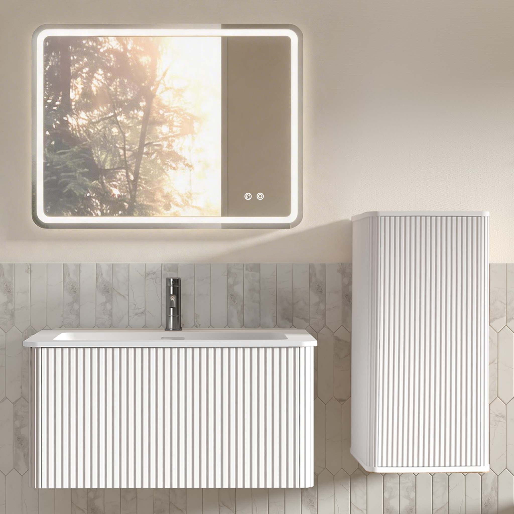 Badmöbel Set 60cm Mit Quadratischem Led-spiegel, Waschbecken, Unterschrank & Seitenschrank, Weiß
