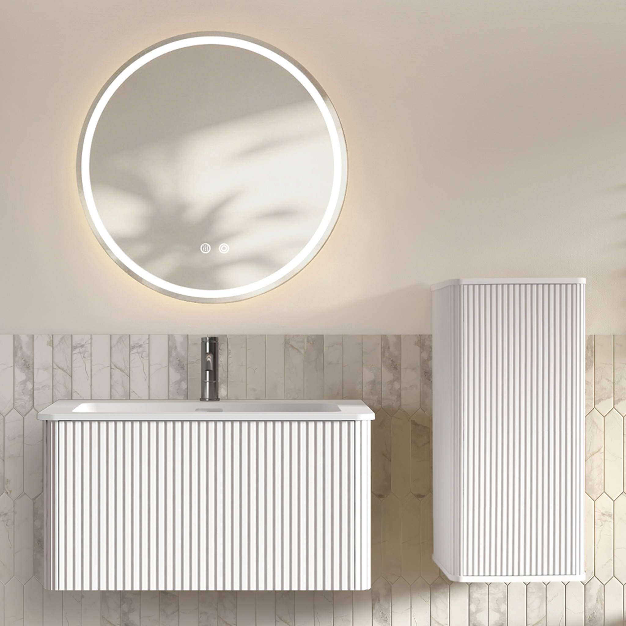 Badmöbel Set 80cm Mit Rundem Led-spiegel, Waschbecken, Unterschrank & Seitenschrank, Weiß