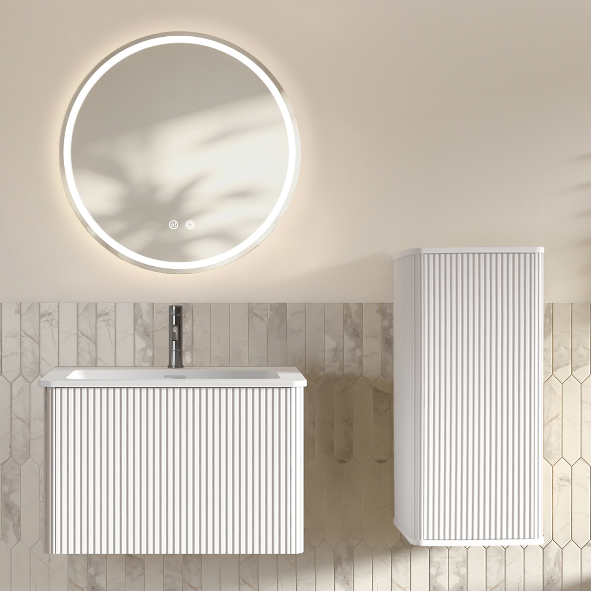 Badmöbel Set 60cm Mit 60cm Rundem Led-spiegel, Waschbecken, Unterschrank & Seitenschrank, Weiß