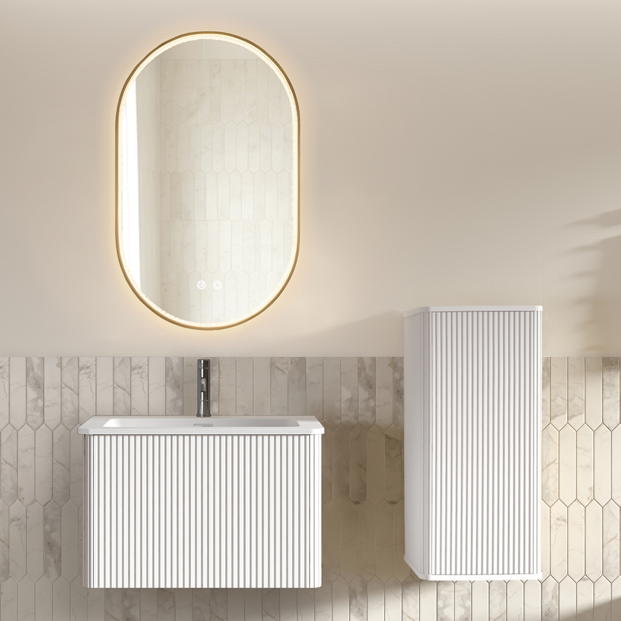 Badmöbel Set 60cm Mit Ovalem Led-spiegel (gold), Waschbecken, Unterschrank & Seitenschrank, Weiß