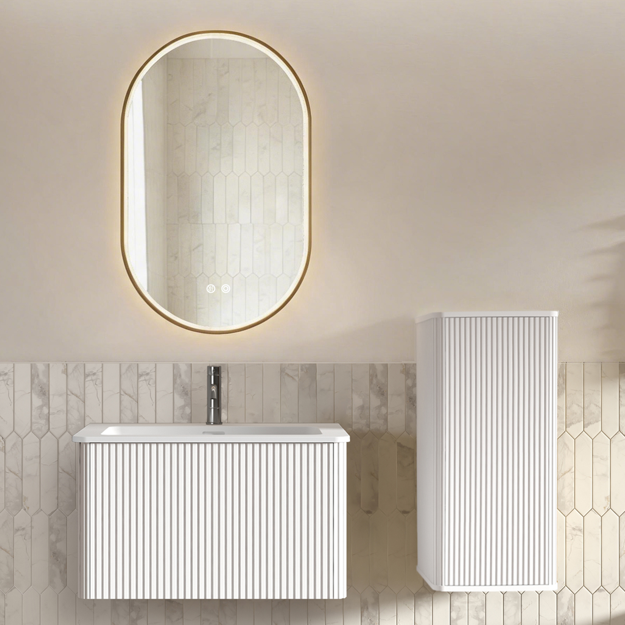 Badmöbel Set 80cm Mit Ovalem Led-spiegel (gold), Waschbecken, Unterschrank & Seitenschrank, Weiß
