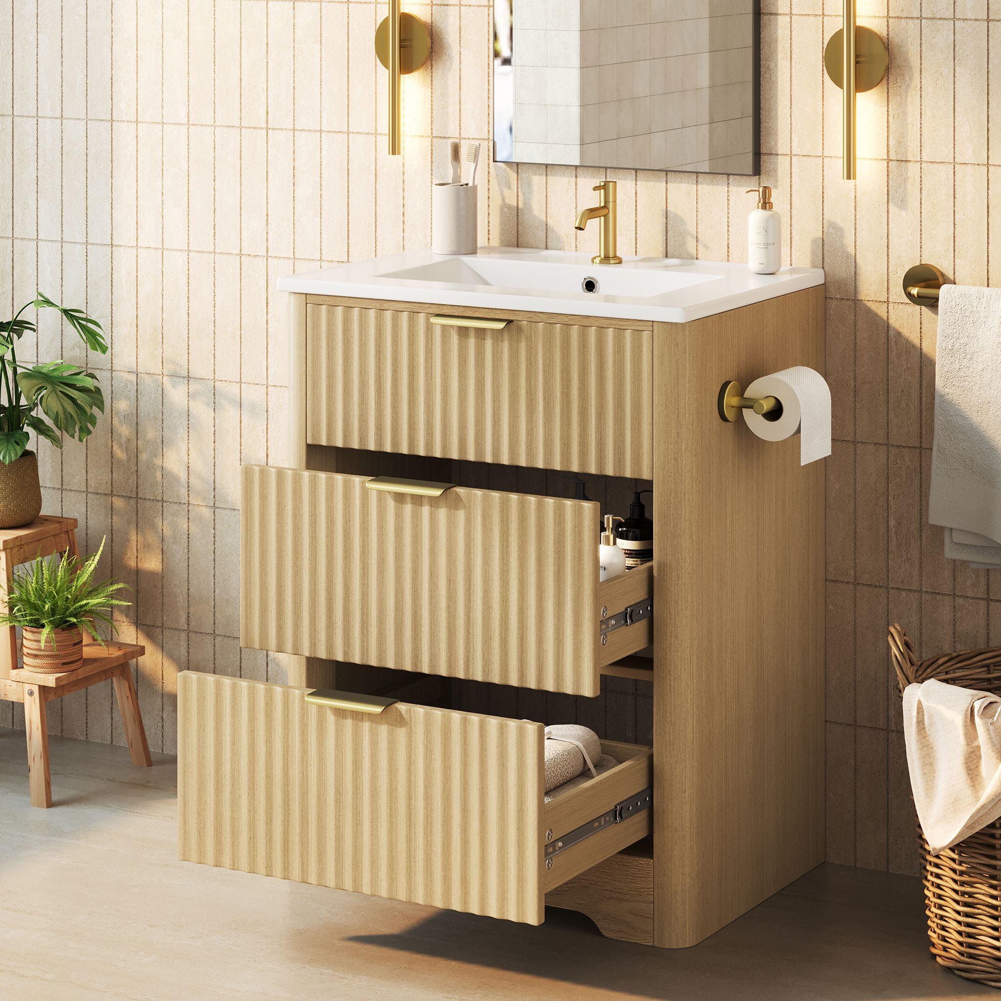 Freistehender Waschtischunterschrank 61 Cm Holzoptik Mit Keramikbecken, Goldene Griffe, Ohne Hahn