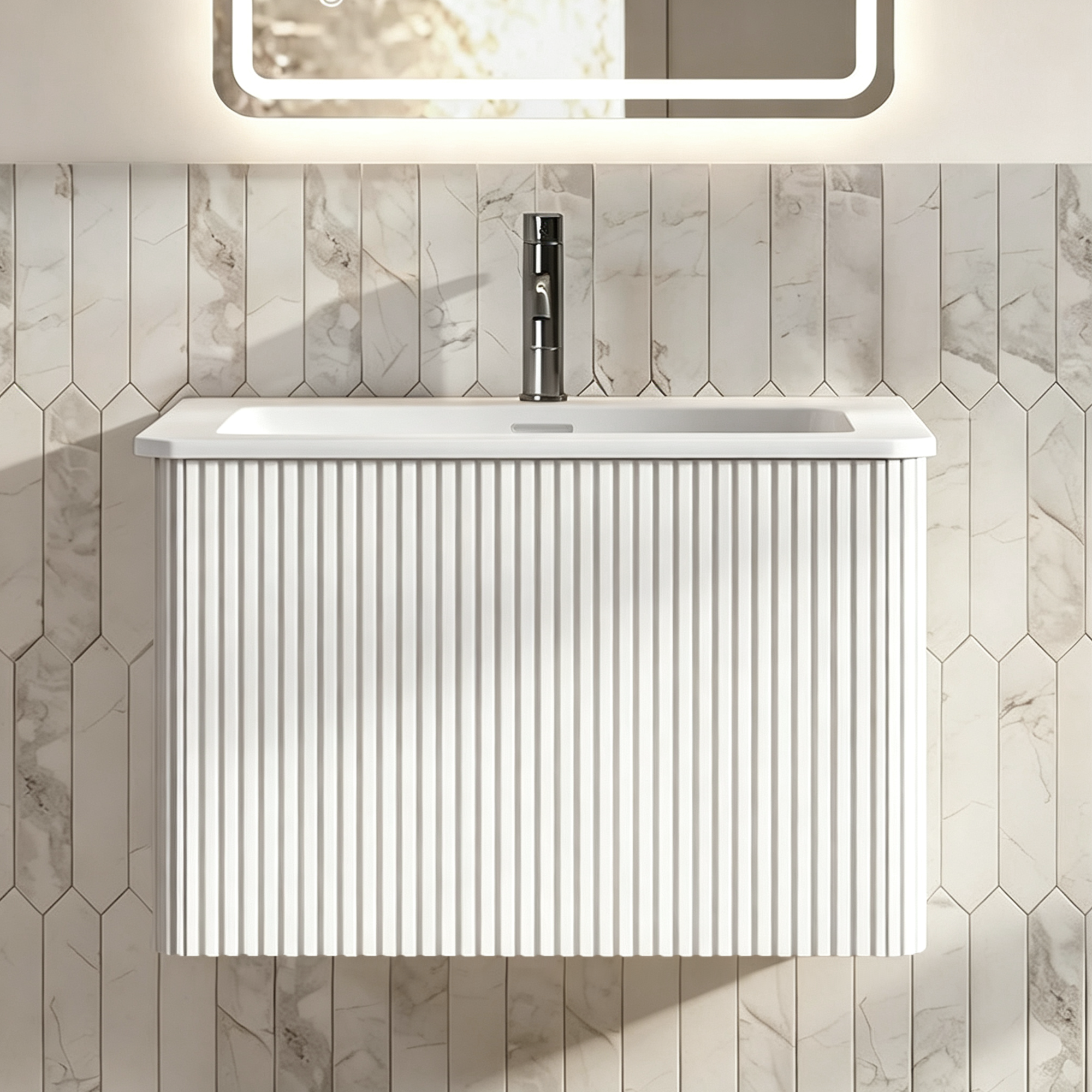 Waschbecken Mit Unterschrank 60 Cm, Mineralguss, Rillen-design, Wandhängend, Weiß, Vormontiert