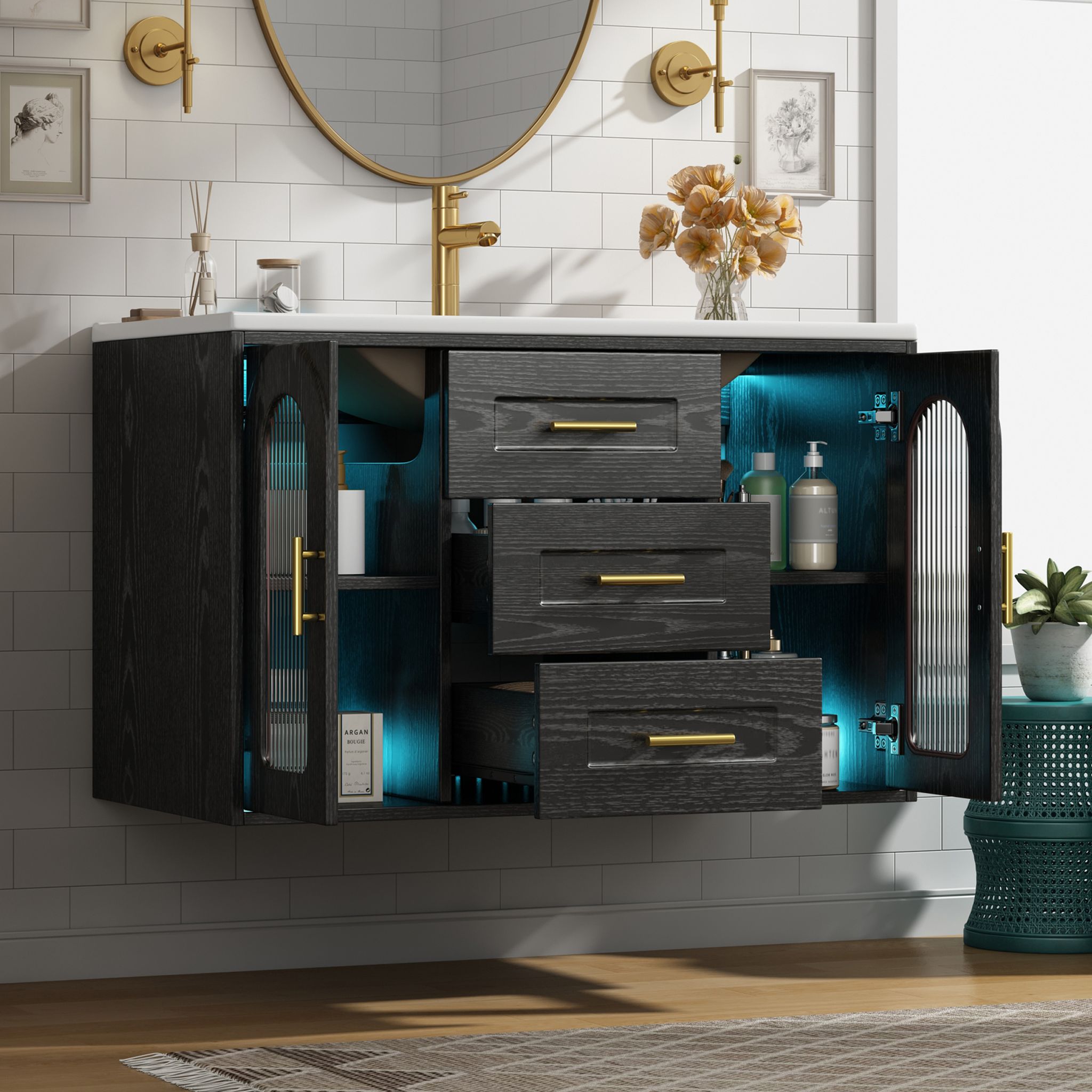 76cm Wand-badezimmerschrank Mit Waschbecken, Geriffelter Glastür & Led, Schwarz-holz, Ohne Hahn