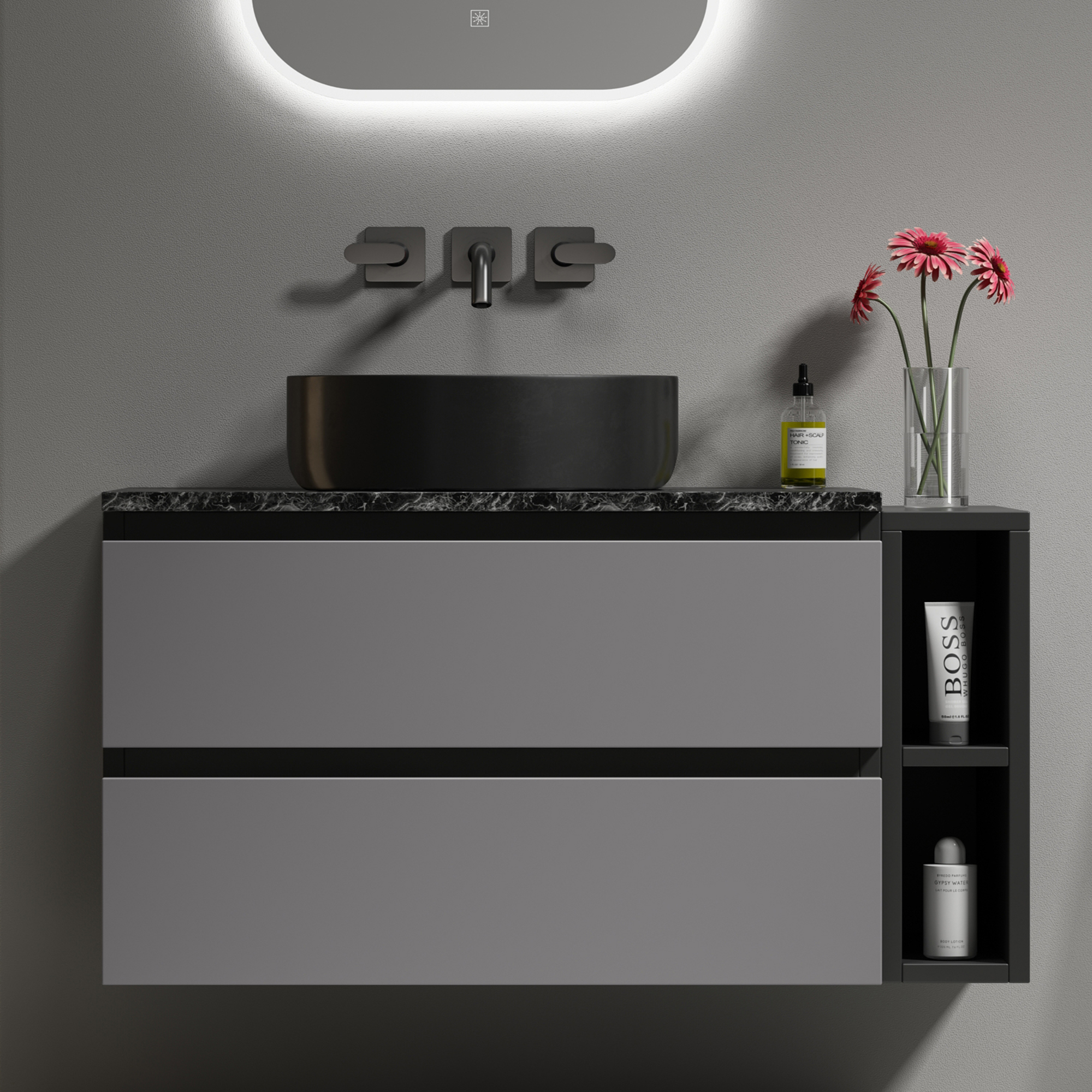 80 Cm Waschbeckenunterschrank Hängend Schwarz-grau Mit Keramikwaschbecken & Schubladen