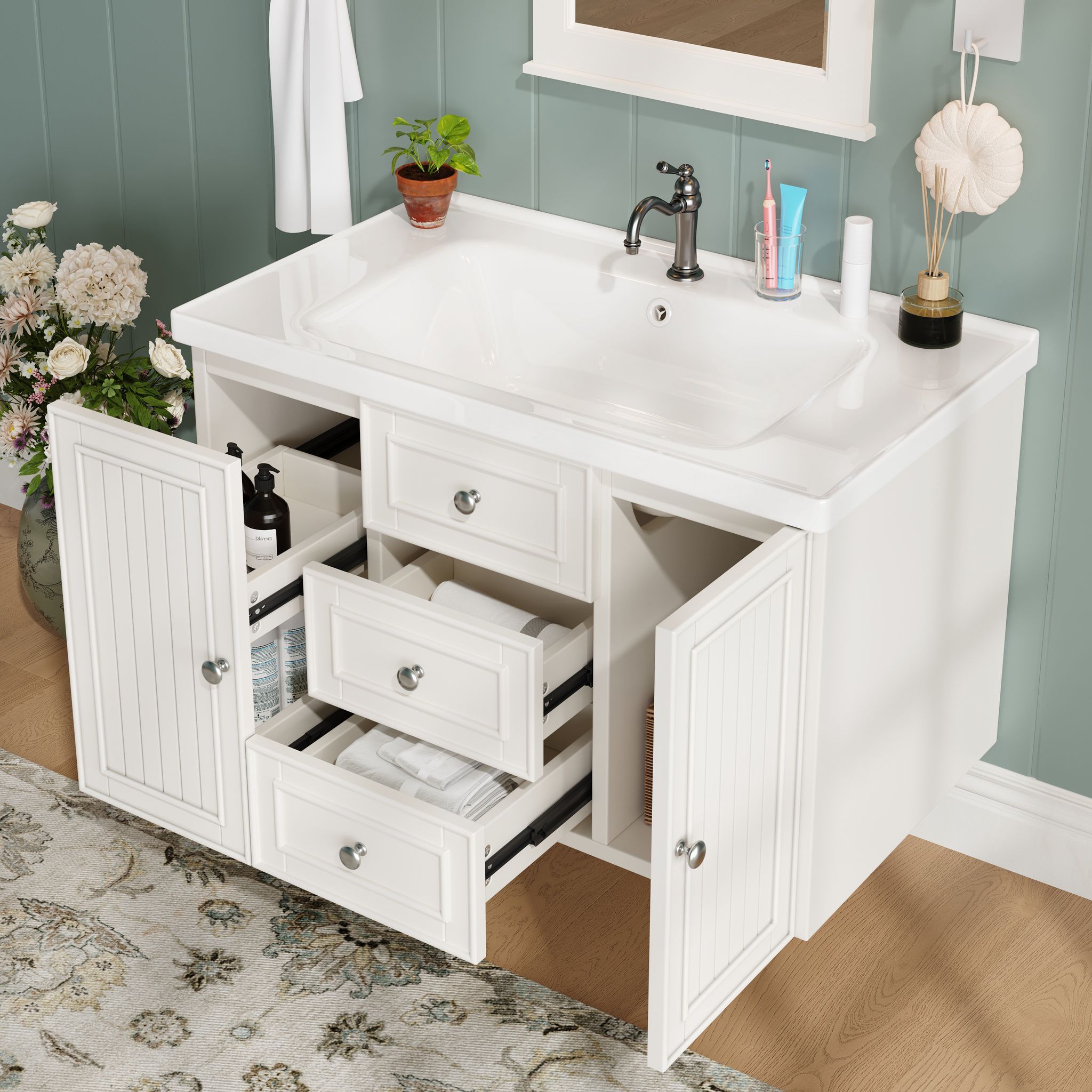 Waschtischunterschrank 78,5x46x46,8 Cm Hängend Mit Waschbecken, 3 Schubladen, Badezimmerschrank, Weiß