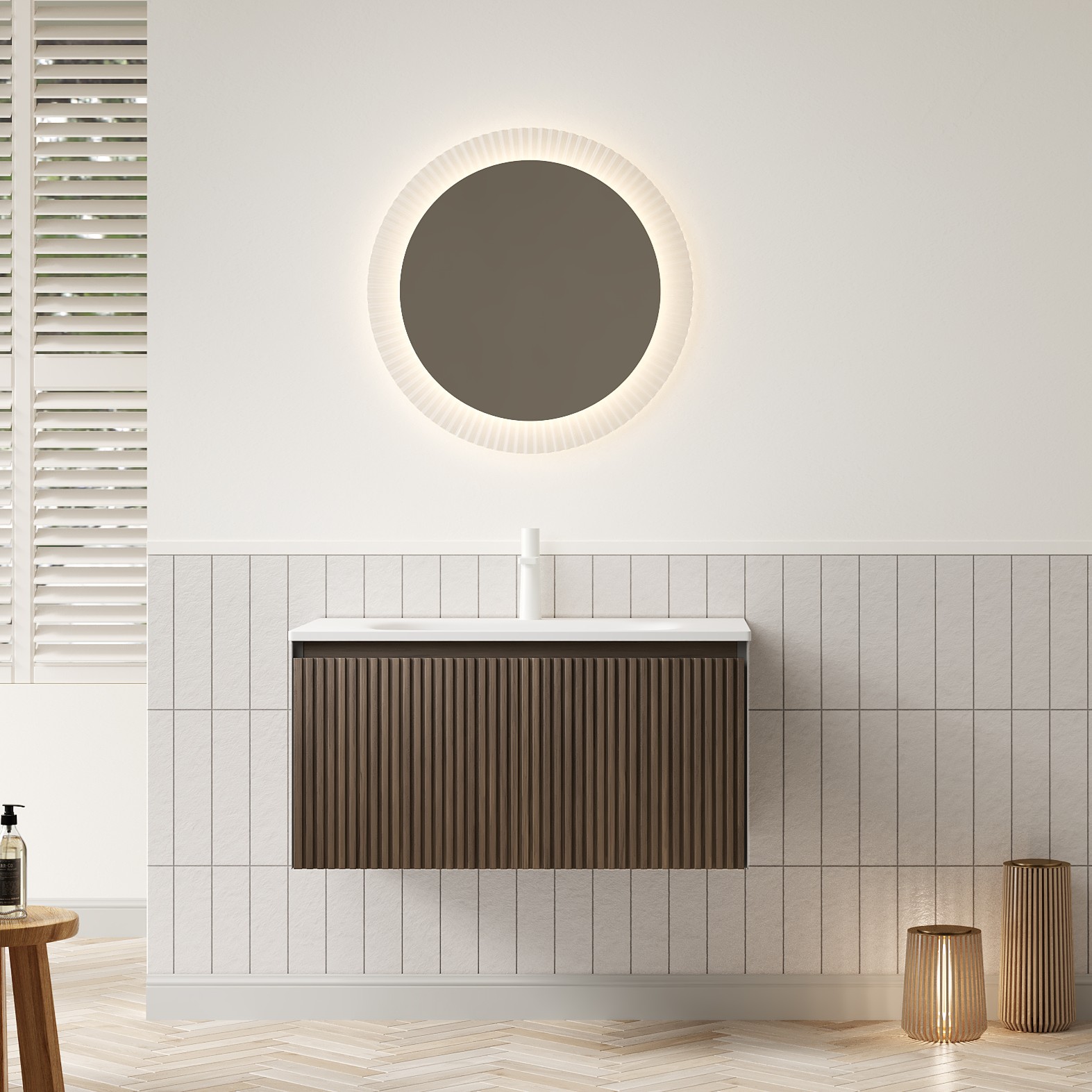 80cm Wandwaschtisch Mit Weißem Keramik-unterbauwaschbecken, Gestreiftem Sperrholzschrank, Braun-eiche