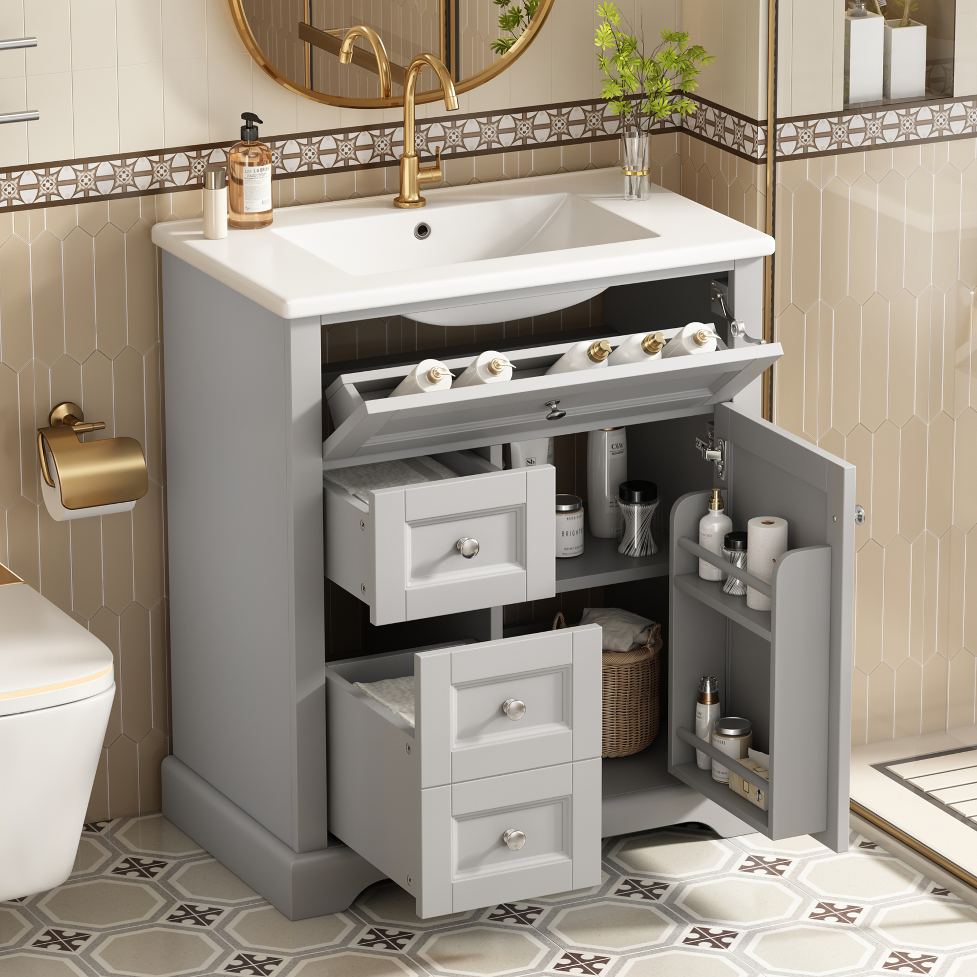 76 Cm Bodenstehender Badezimmerschrank Grau Mit Soft-close, Türregalen & Waschbecken