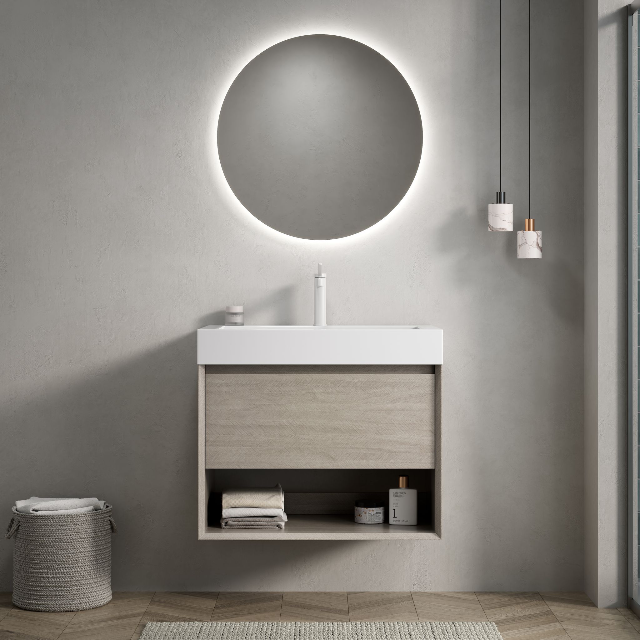 70cm Wandwaschtisch Mit Weißem Resin-integralbecken, Schublade & Offenem Regal, Eiche Hell