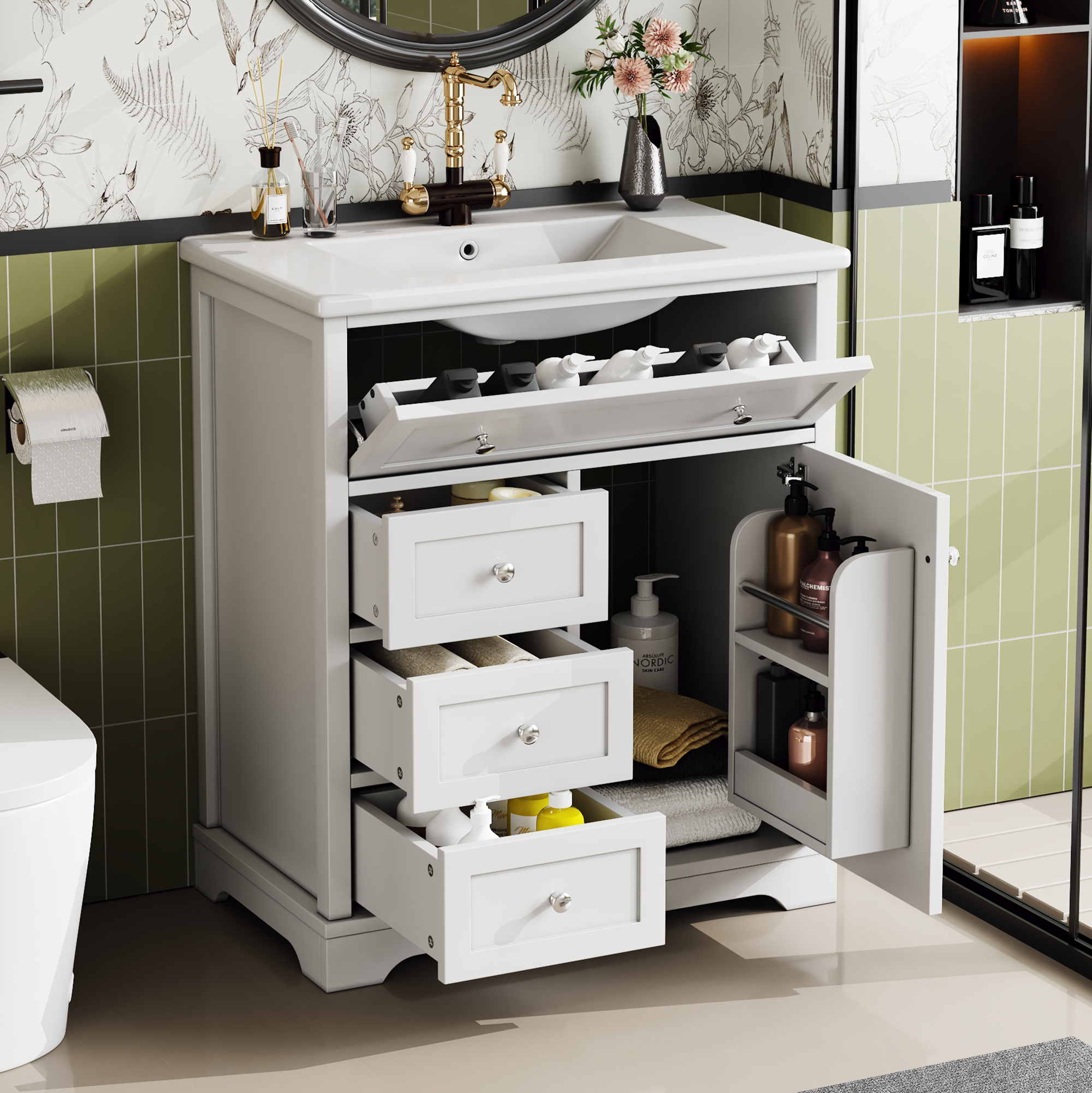 76 Cm Badezimmer-standschrank Weiß Mit Klappschublade, Türregal & Keramikwaschbecken