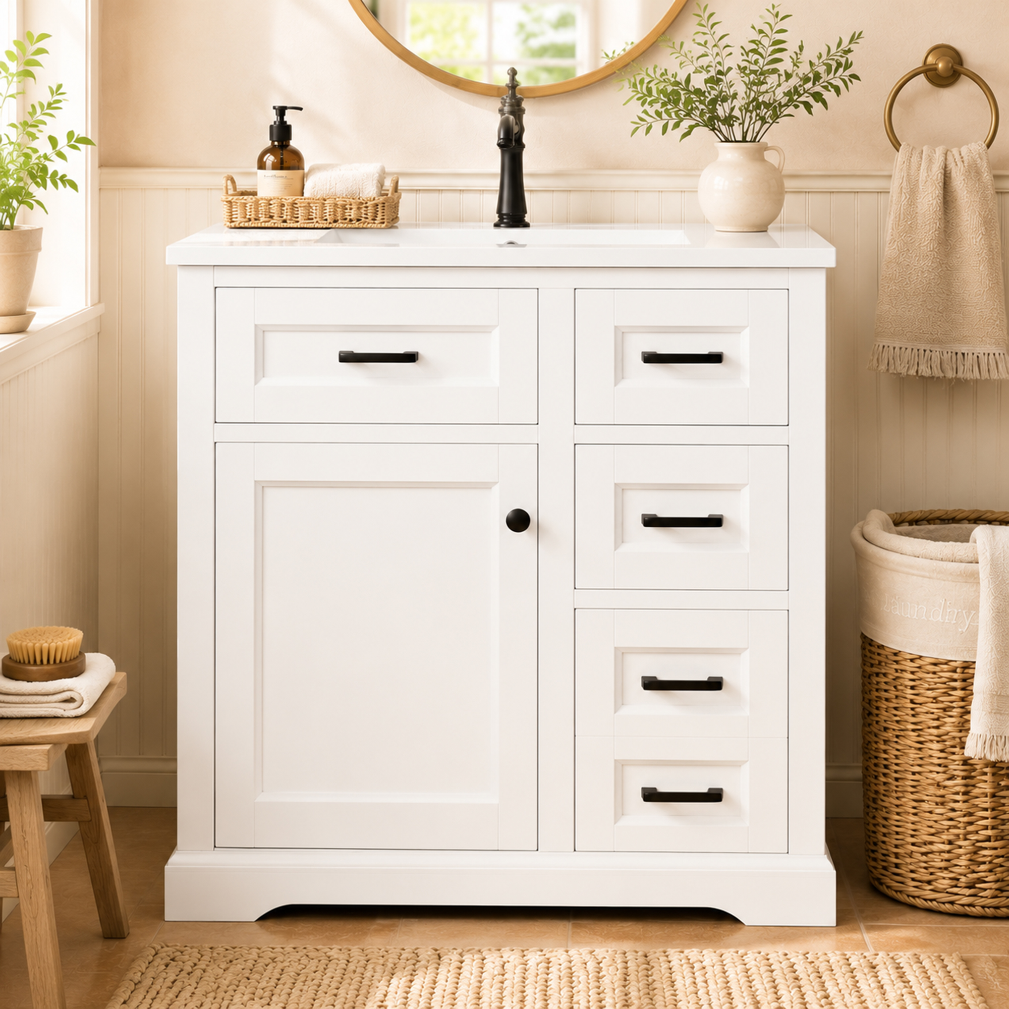 Bodenstehender Waschtischunterschrank 76x47x82 Cm Mit Keramikbecken, Weiß, Seitlicher Auszug