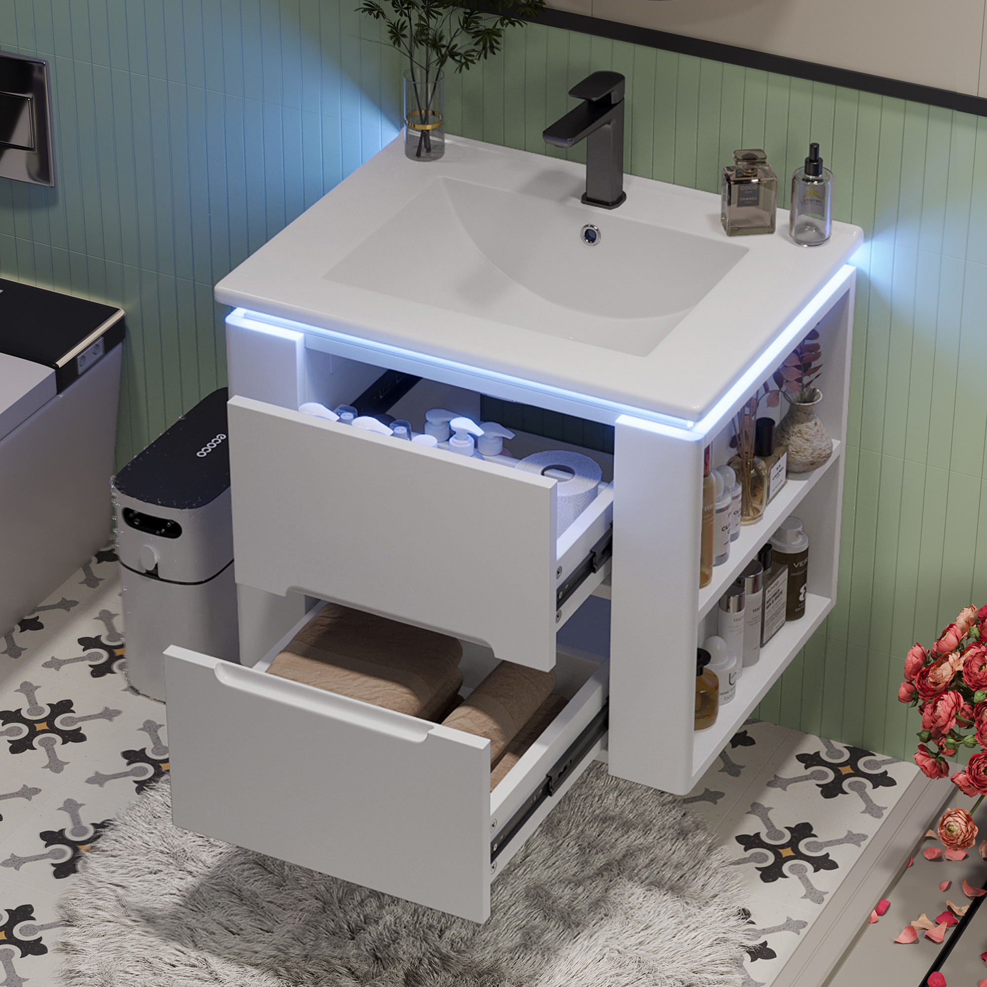 61 Cm Wandhängender Badezimmerschrank Weiß Mit Led, 2 Schubladen, Seitenablagen & Waschbecken
