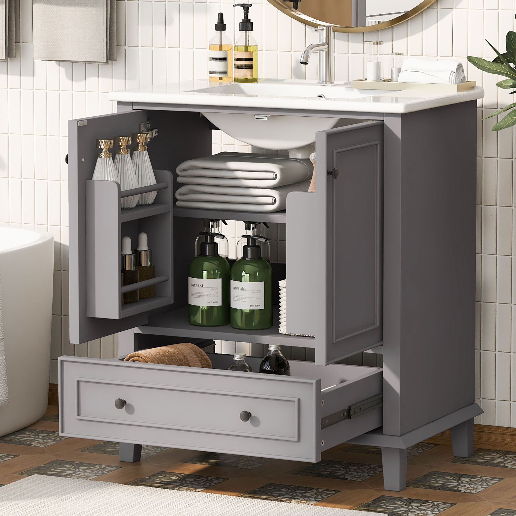 76 Cm Bodenstehender Badezimmerschrank Grau Mit Massivholzbeinen & Keramikwaschbecken
