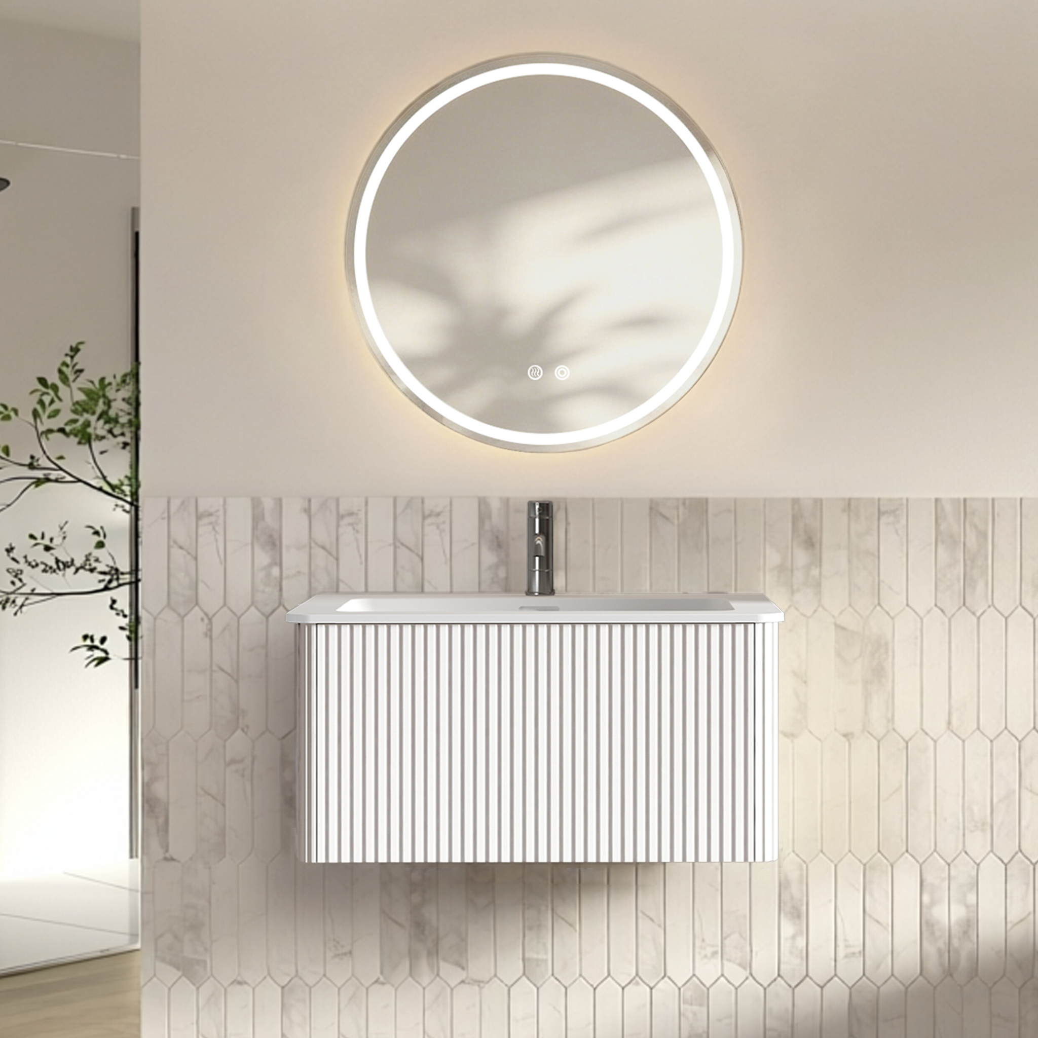 Badmöbel-set 80cm Mit Rundem Led-spiegel, Waschtisch & Unterschrank Mit Schublade, Weiß