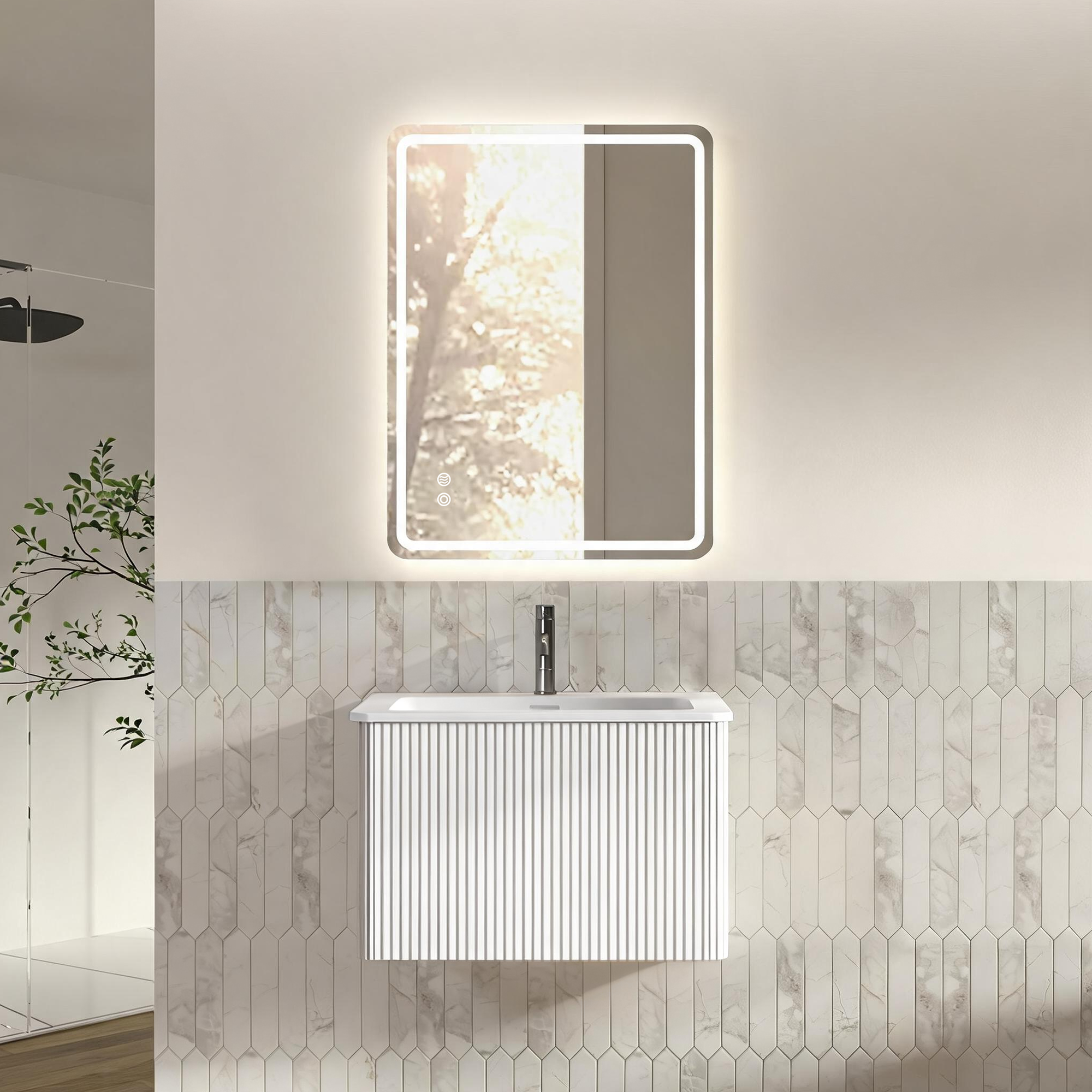 Badmöbel-set 60 Cm Mit Led-spiegel 60x80 Cm, Waschtisch Mit Unterschrank, Weiß, Vormontiert