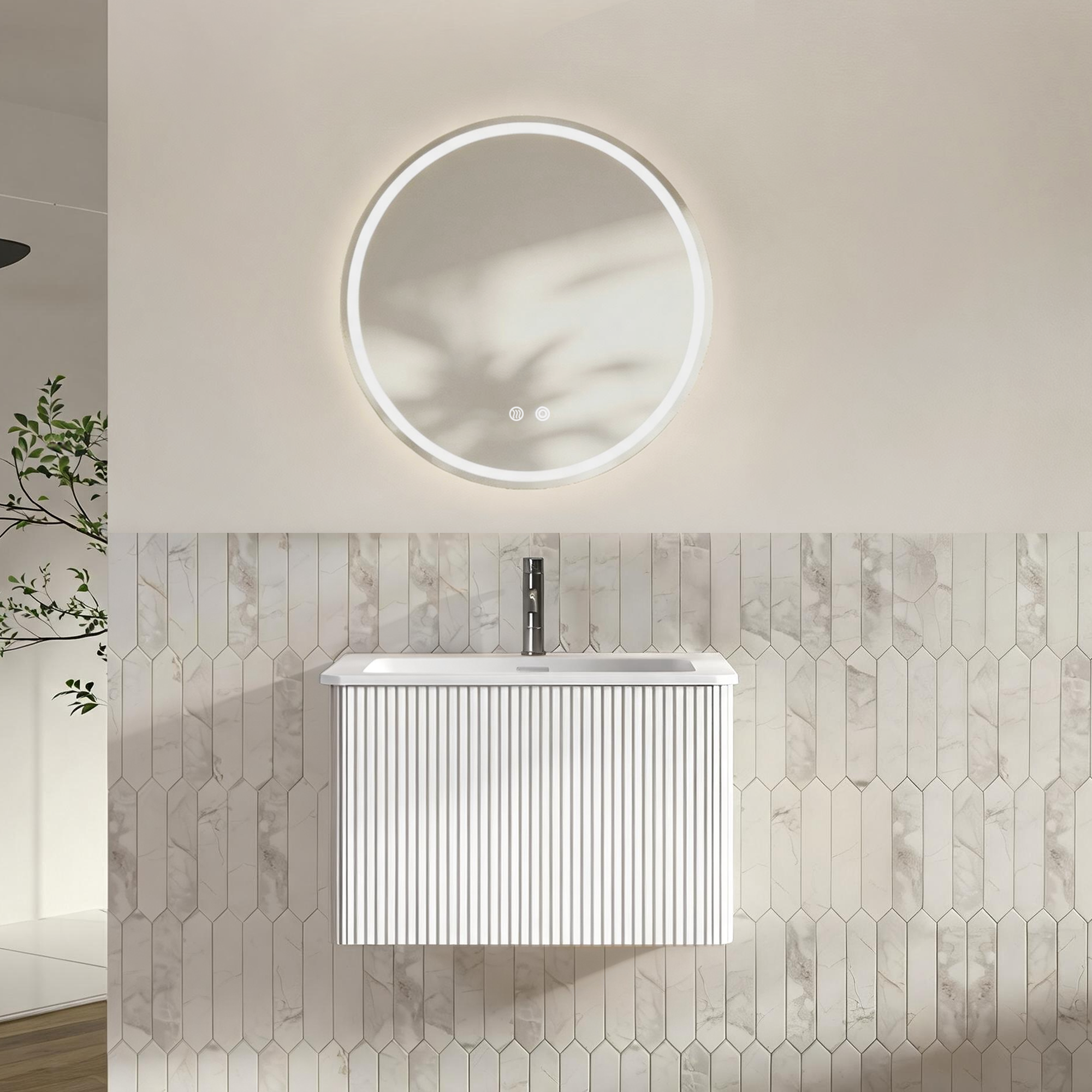 Badmöbel-set 60 Cm Mit Led-spiegel, Waschtisch Mit Unterschrank, Wandhängend, Weiß, Vormontiert