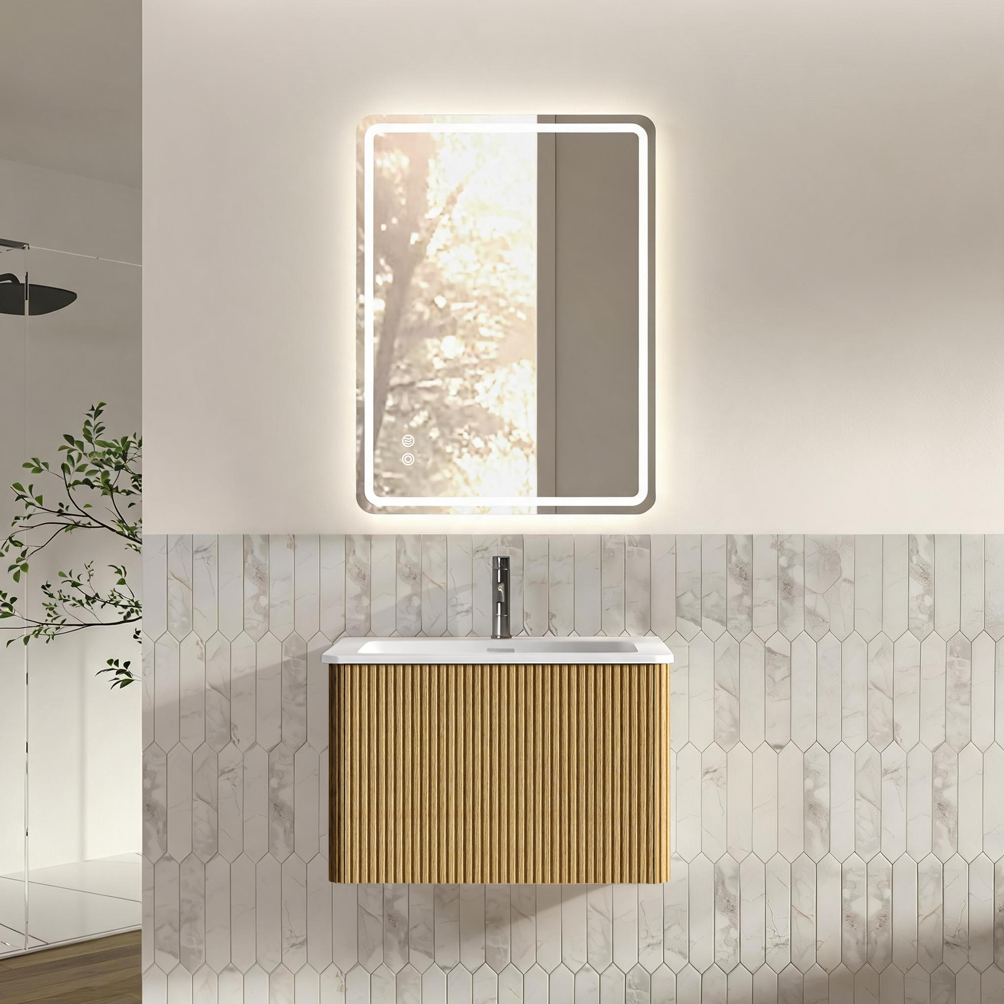 Badmöbel-set 60 Cm Mit Led-spiegel 60x80 Cm, Waschtisch Mit Unterschrank, Eiche, Vormontiert