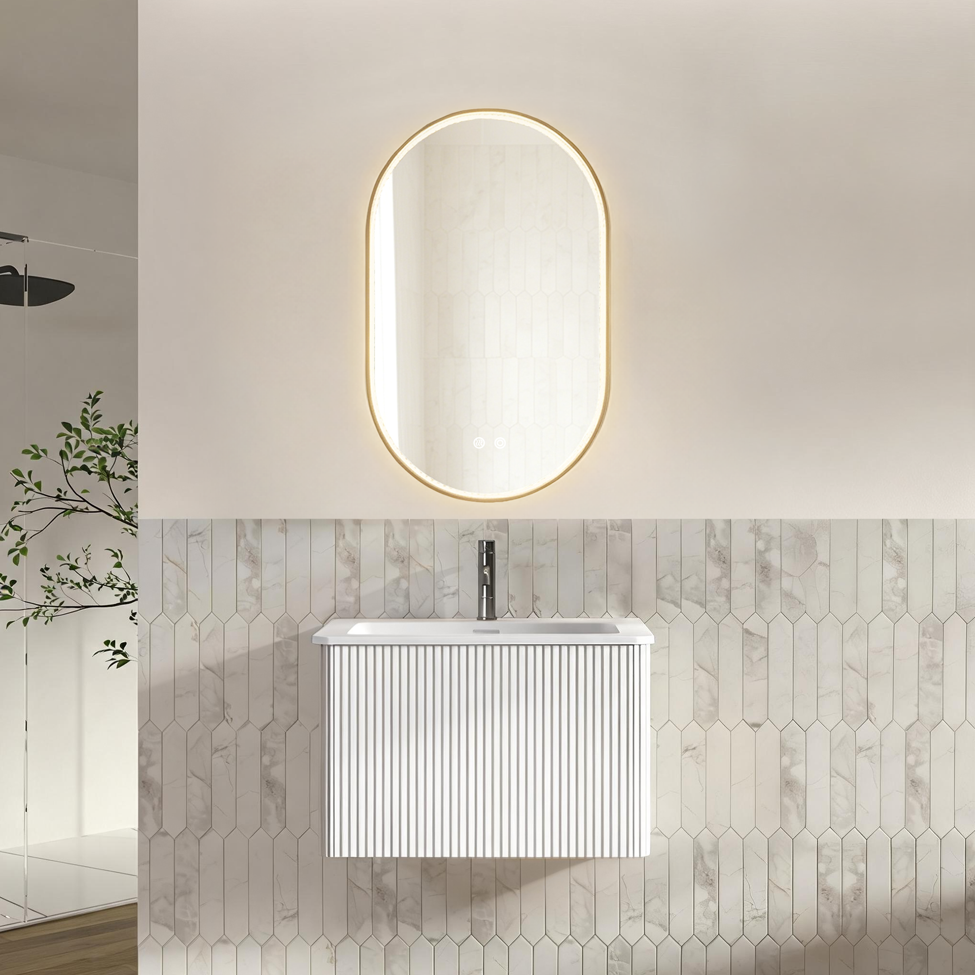 Badmöbel-set 60 Cm Mit Ovalem Led-spiegel 50x80 Cm, Waschtisch Mit Unterschrank, Weiß, Vormontiert