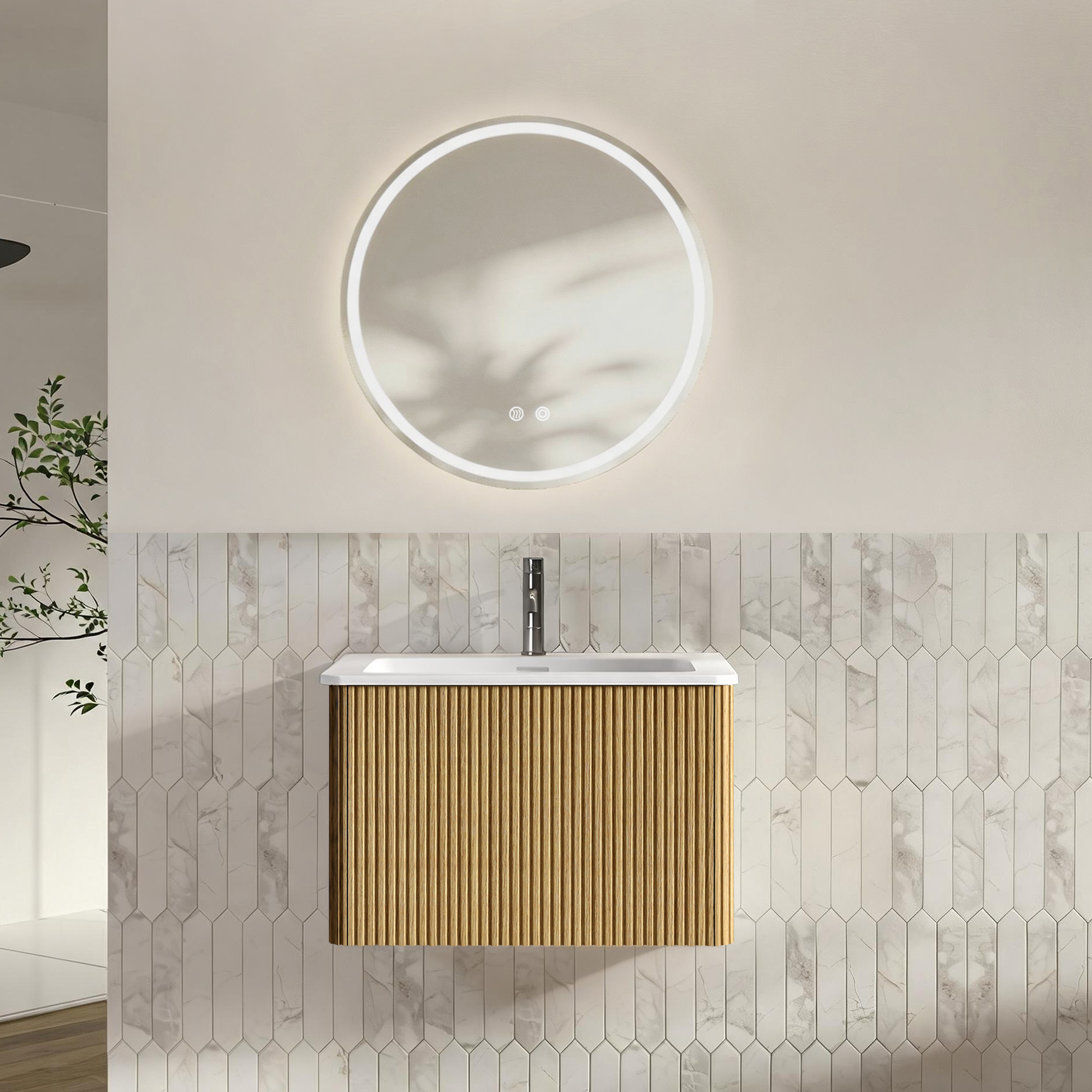 Badmöbel-set 60 Cm Mit Led-spiegel, Waschtisch Mit Unterschrank, Wandhängend, Eiche, Vormontiert