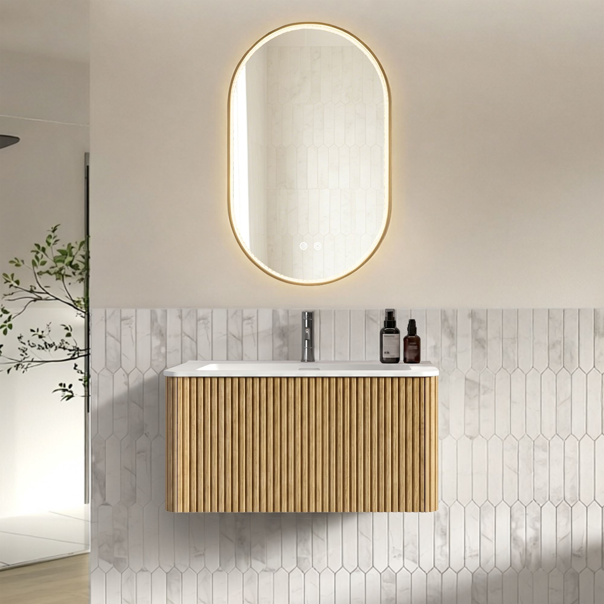 Badmöbel-set 80 Cm Eiche Mit Waschtisch, Unterschrank & Ovalem Led-spiegel Gold, Wandhängend