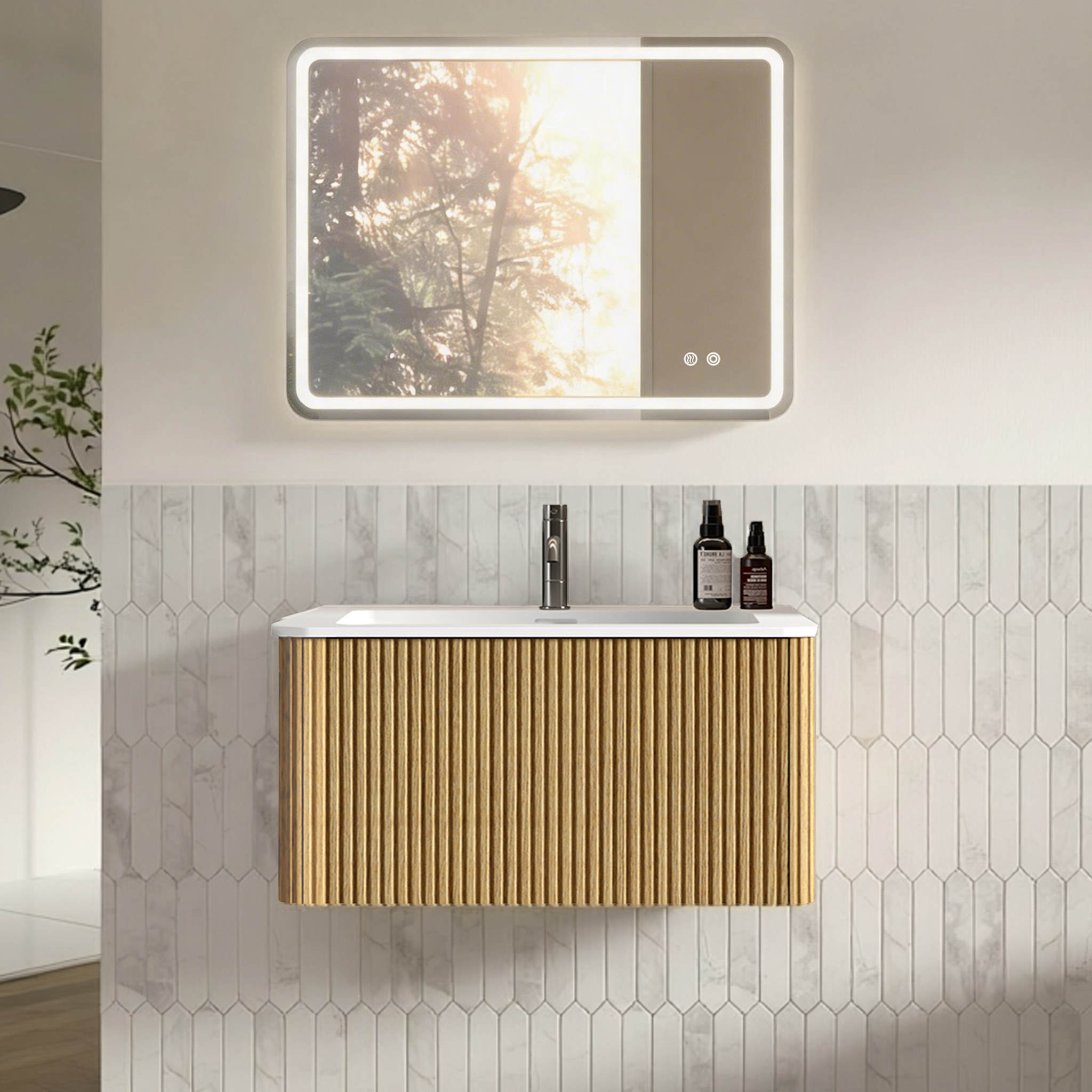 Badmöbel-set 80 Cm Eiche Mit Waschtisch, Unterschrank & 60×80 Cm Led-spiegel, Wandhängend