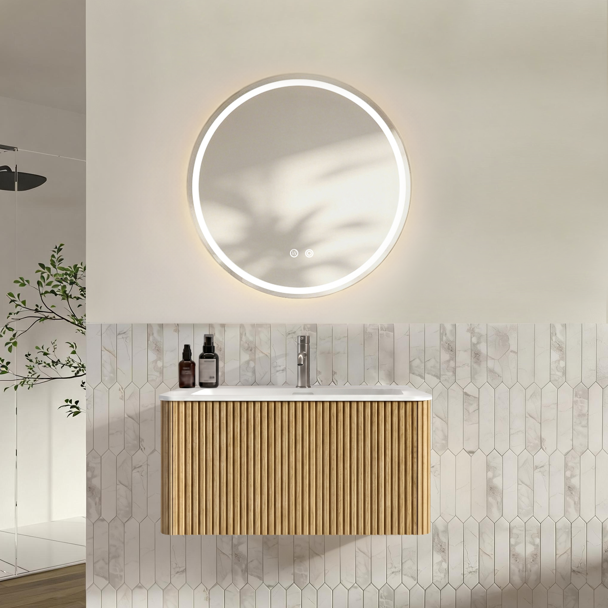 Badmöbel-set 80 Cm Eiche Mit Waschtisch, Unterschrank & Rundem Led-spiegel, Wandhängend