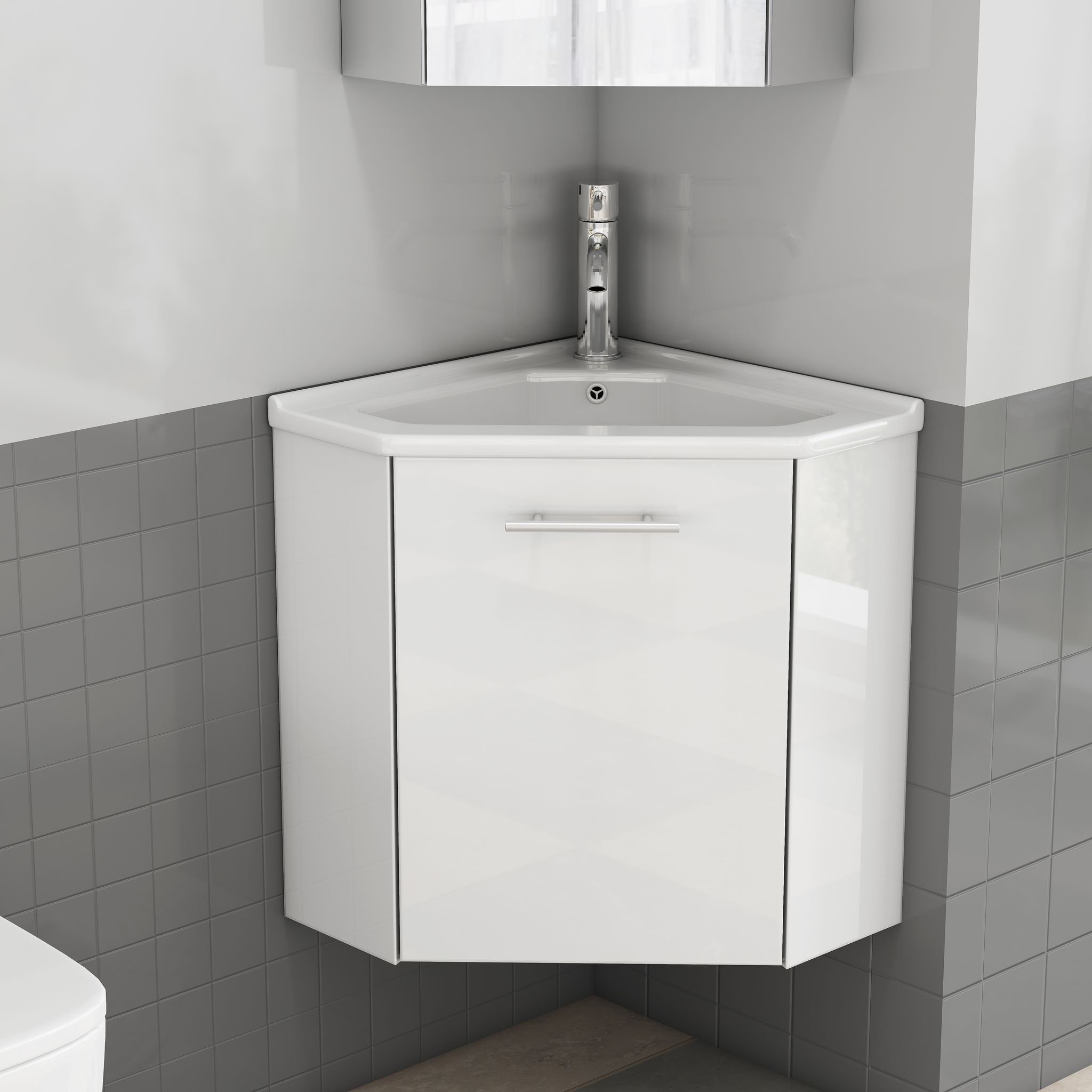 Eck-badezimmerschrank Hochglanz-weiß Mit Keramikwaschbecken & Spritzschutz, Platzsparend