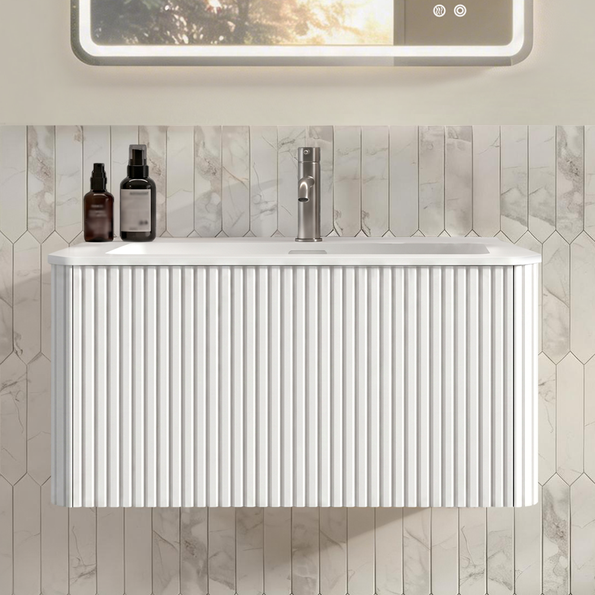 Waschbecken Mit Unterschrank 80 Cm, Mineralguss, Rillen-design, Wandhängend, Weiß, Vormontiert