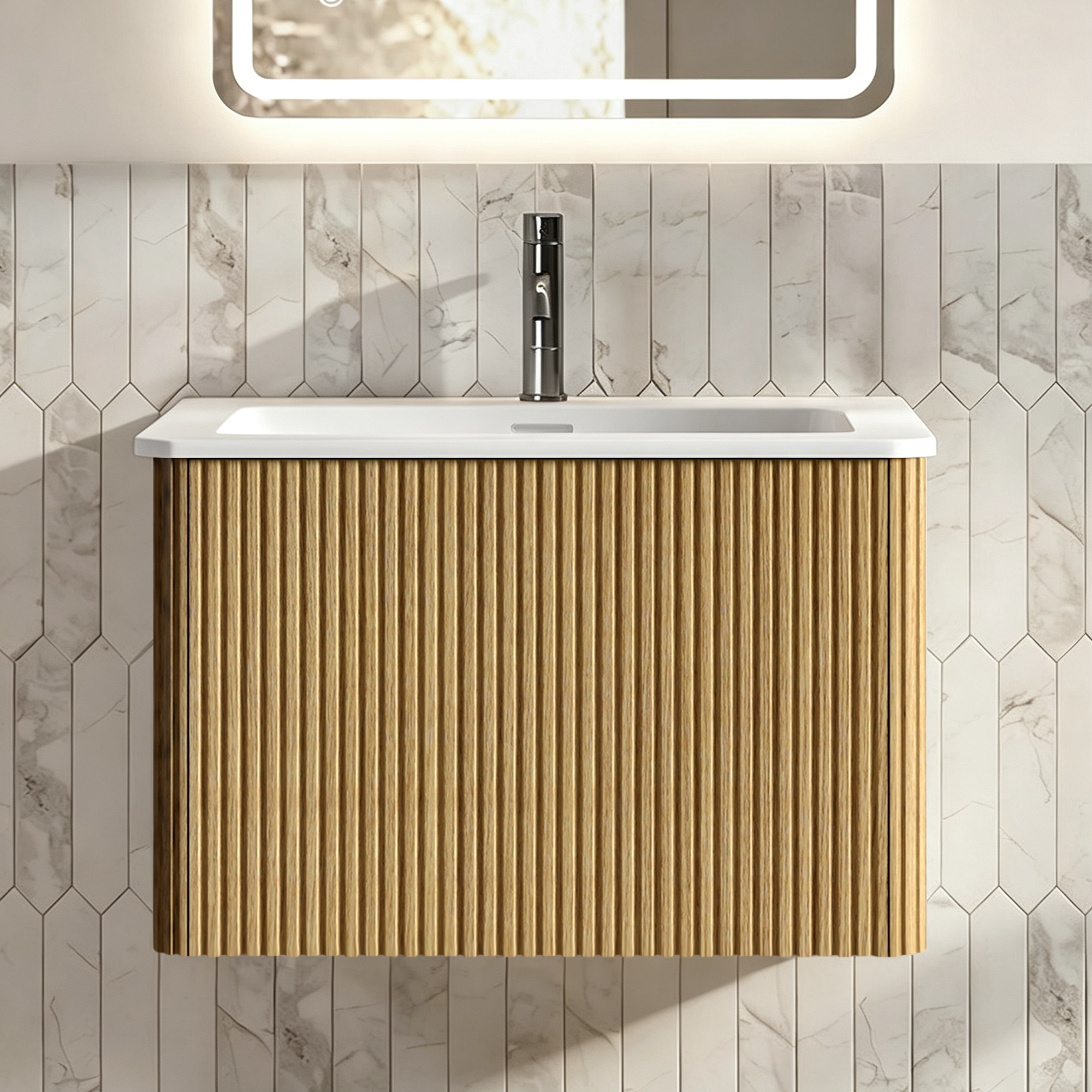 Waschbecken Mit Unterschrank 60 Cm, Mineralguss, Rillen-design, Wandhängend, Eiche, Vormontiert