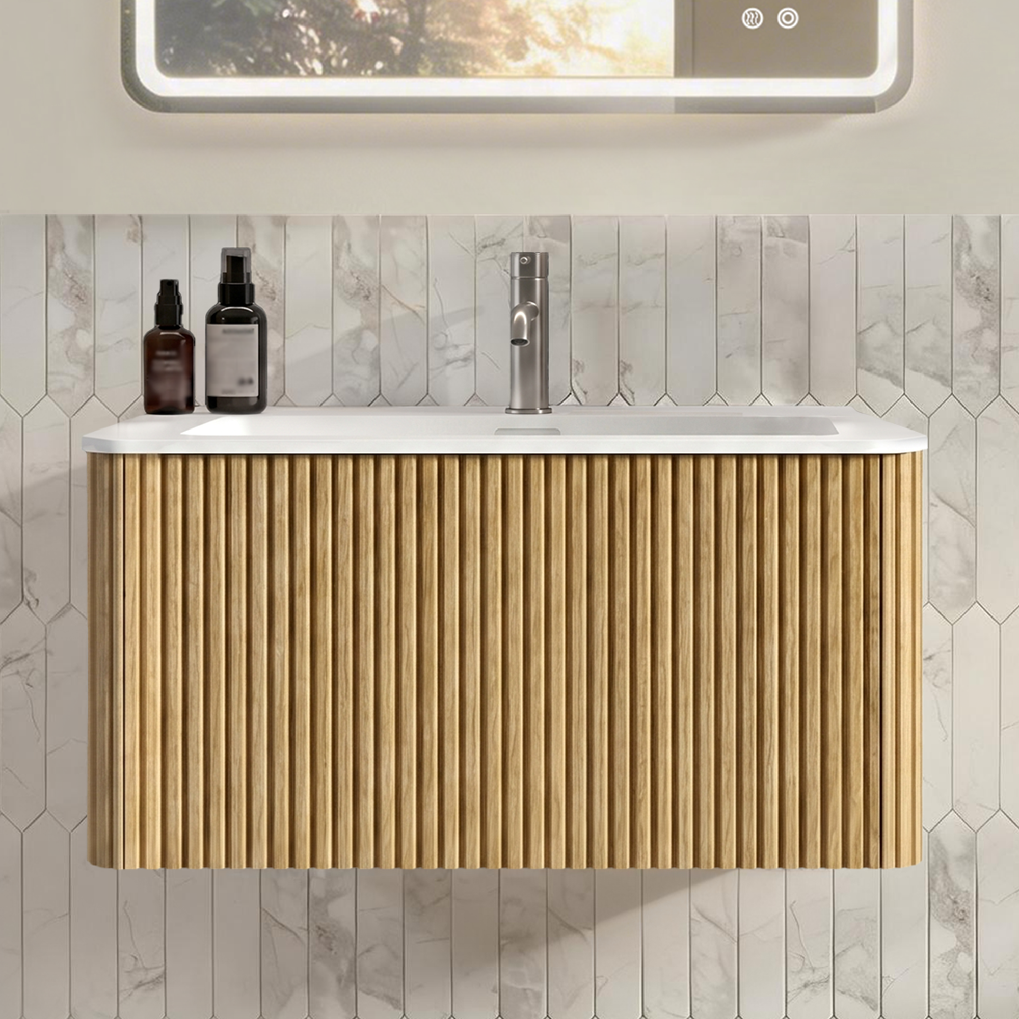 Waschbecken Mit Unterschrank 80 Cm, Mineralguss, Rillen-design, Wandhängend, Eiche, Vormontiert
