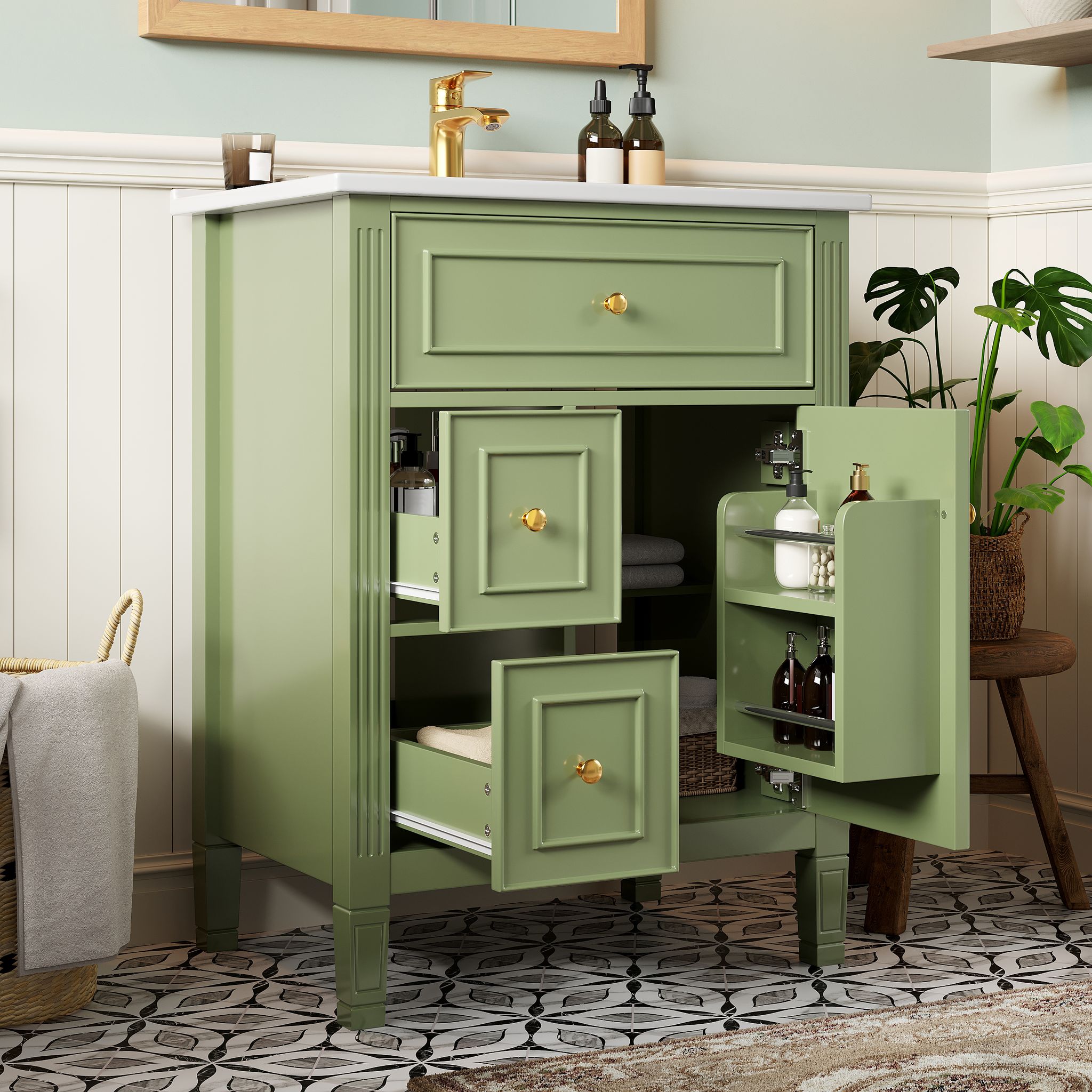 Freistehender Badezimmerschrank 61 Cm, Hochglanz Grün, Klappschublade + 2 Schubladen + Tür, Ohne Hahn