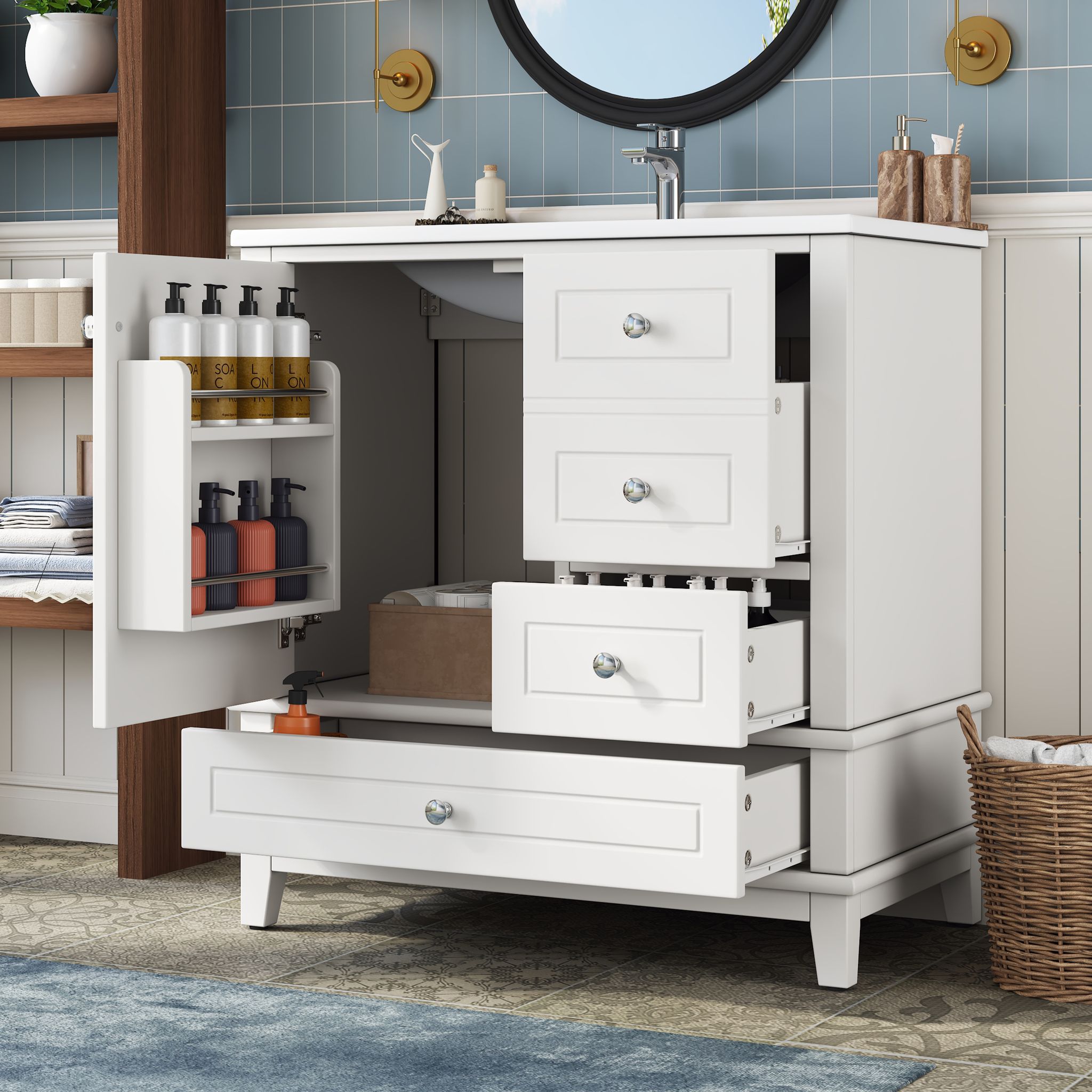 Freistehender Badezimmerschrank 81 Cm Weiß, 3 Schubladen + Tür Mit Ablagen, Ohne Wasserhahn