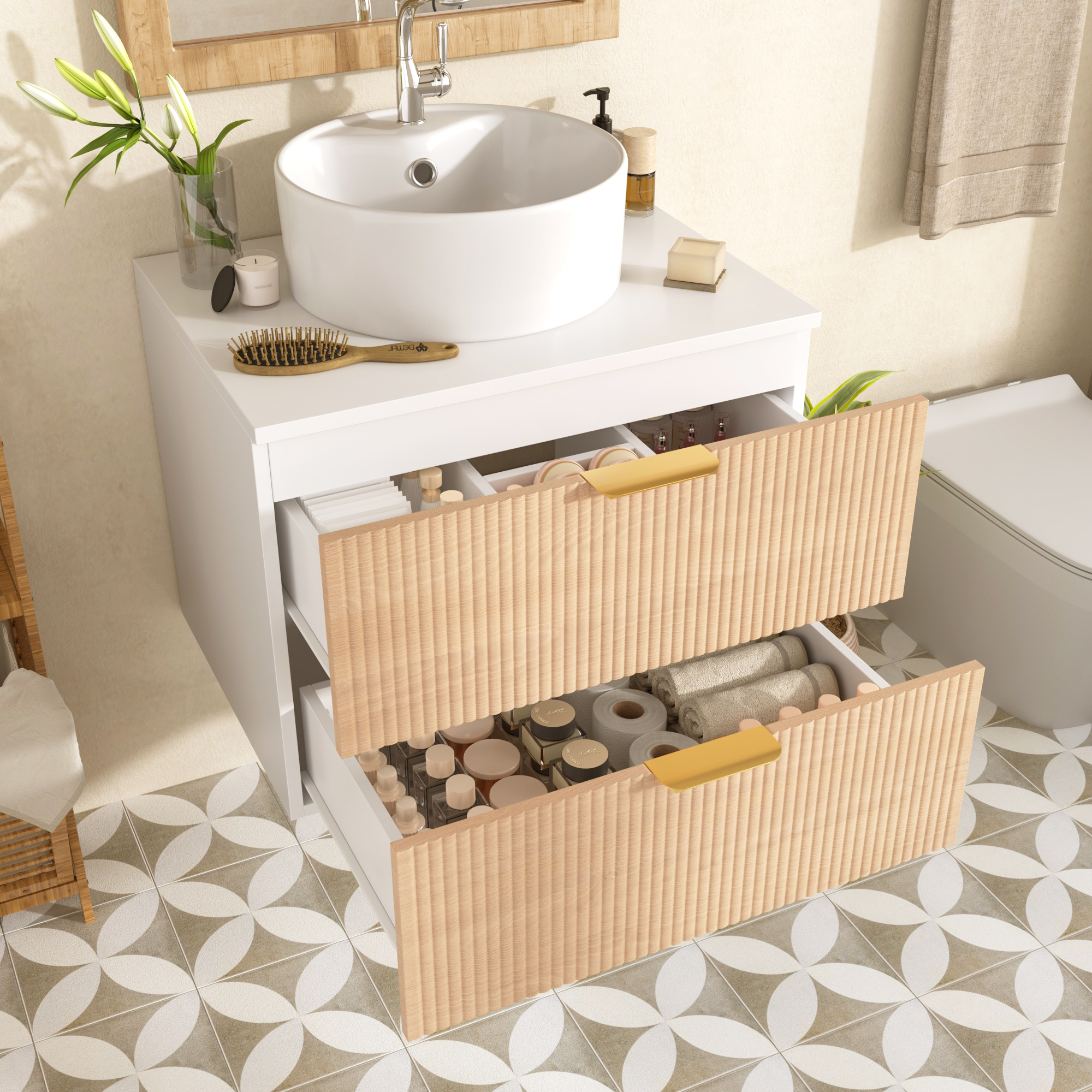Wandmontierter Badschrank 60 Cm Mit Rundem Keramikwaschbecken, Mdf, Holzoptik, 2 Schubladen