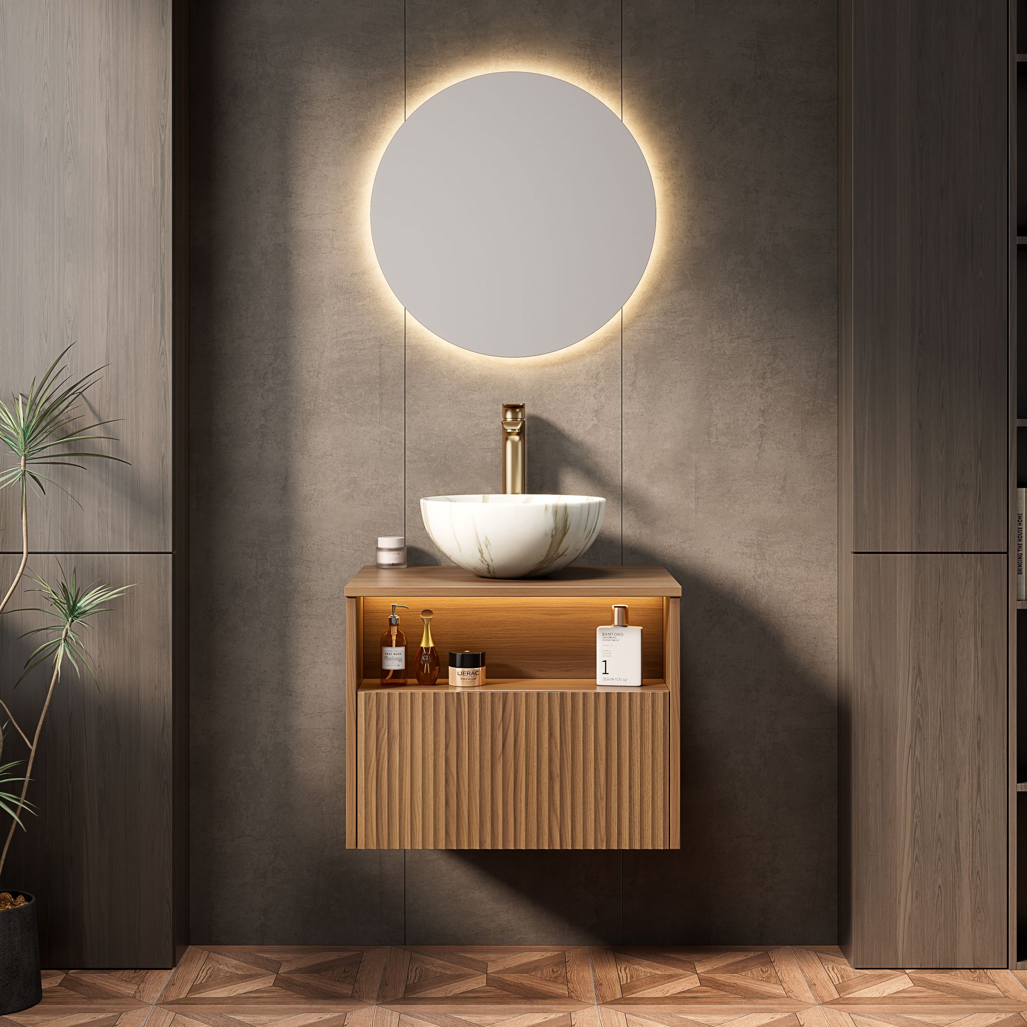 60cm Schwebender Waschtisch Mit Keramik-schüsselbecken, Schublade & Regal Mit Led, Braun-eiche