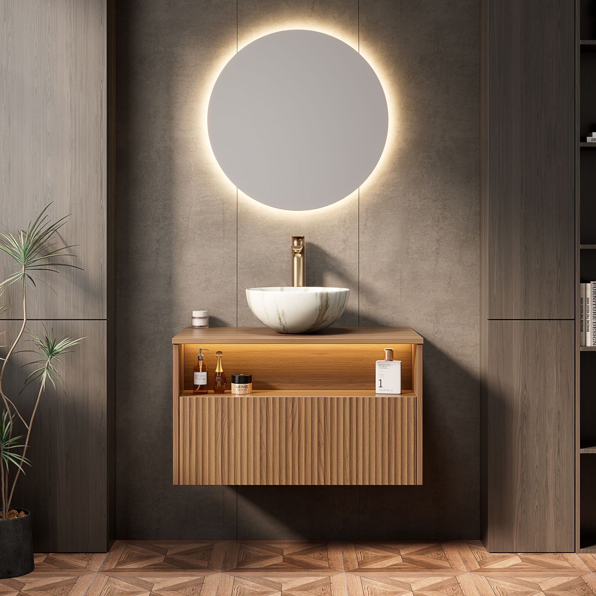 80cm Schwebender Waschtisch Mit Keramik-schüsselbecken, Schublade & Regal Mit Led, Braun-eiche