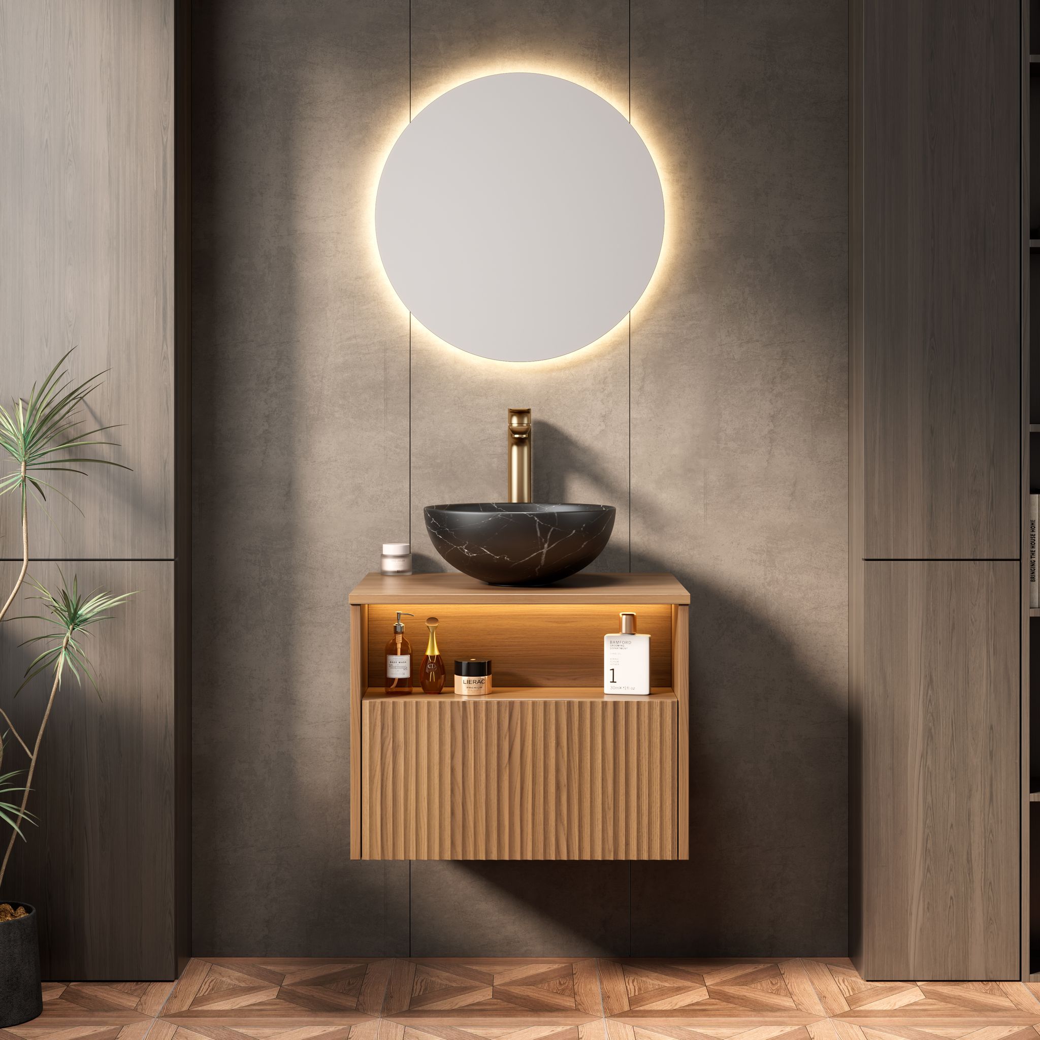 60 Cm Schwebender Waschtisch Eiche Mit Schwarzem Keramik-becken, Schublade & Led-regal