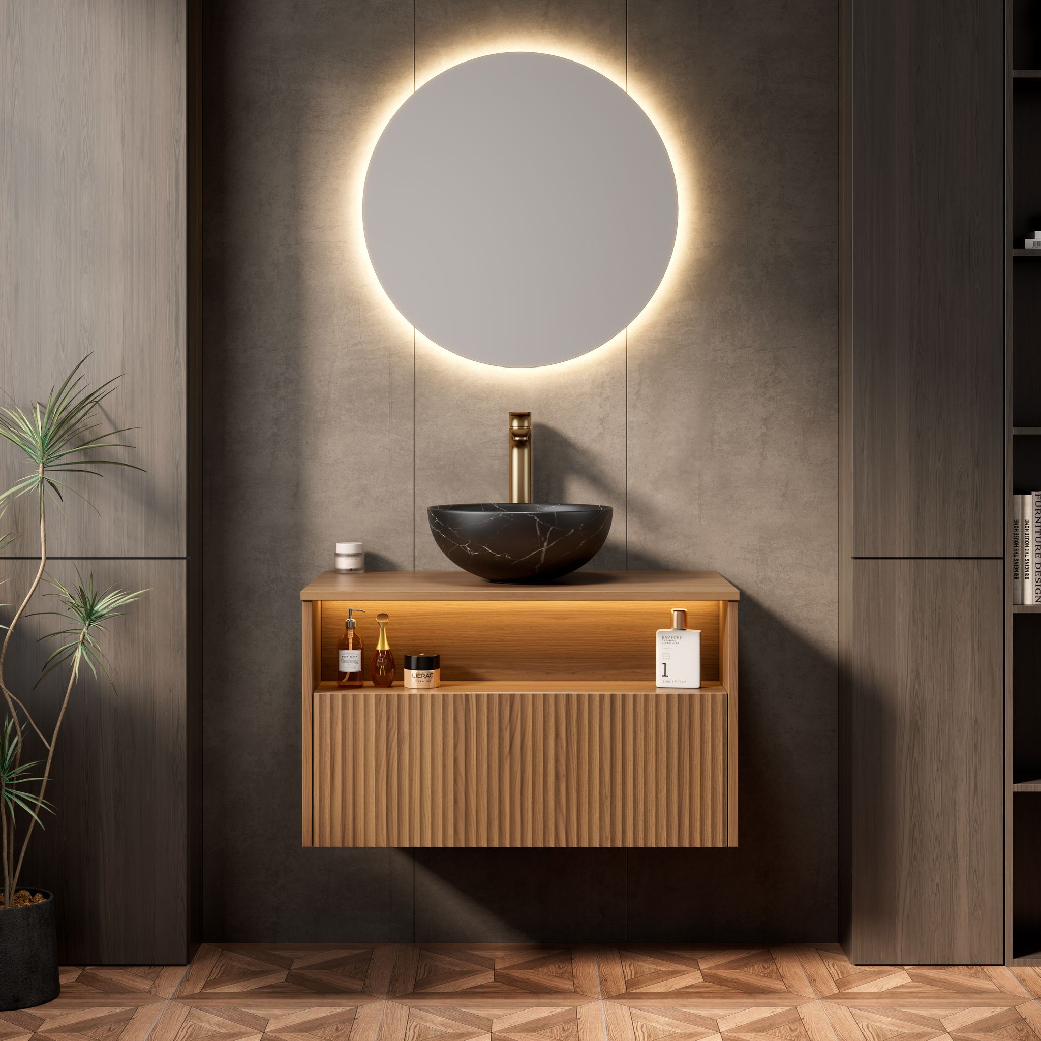 80 Cm Schwebender Waschtisch Eiche Mit Schwarzem Keramik-becken, Schublade & Led-regal