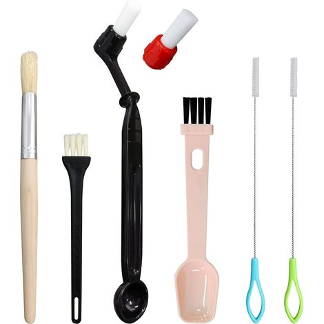 Set Mit 7 Reinigungsbürsten Für Espressomaschinen, Darunter Eine Abnehmbare Kaffeemühlenbürste Mit Nylonborsten, Ein Plastiklöffel Und 2 Reinigungswerkzeuge Für Dampfdüsen.