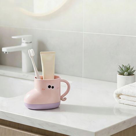 Zahnbürstenhalter Für Kinder, Wiederverwendbarer Und Tropffreier Badezimmerbecher Mit Griff, Niedlicher Mundwasserbecher Mit Cartoon-muster, Aufbewahrungsbecher (rosa)