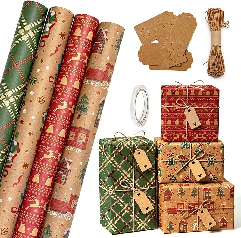 Weihnachtsgeschenk-set, 4 Rollen Kraftpapier-geschenkpapier, Je 43 Cm X 3 M, Recycelbar, Ideal Zum Verpacken Von Weihnachtsgeschenken, Für Partys Und Geburtstage