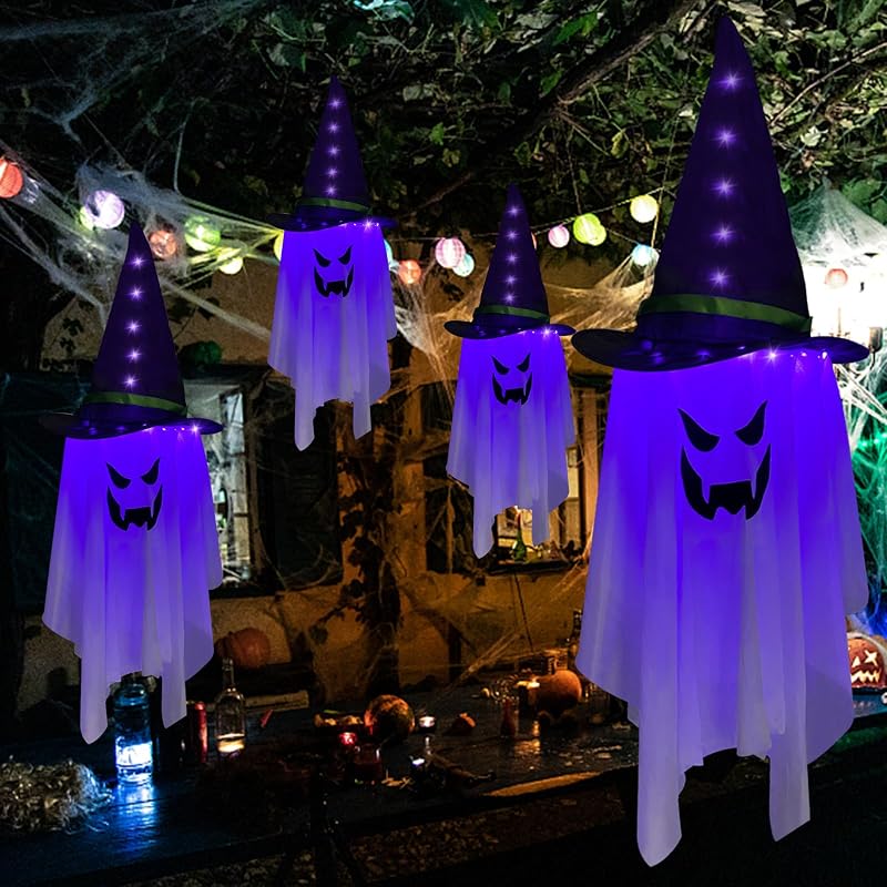 Halloween-dekorationen: Hängende Geisterlichter, Fliegende Geister, Totenkopfketten, Geister, Geister, Geister, Geister, Geister, Geister, Weiße Zaubererhüte Für Garten, Hof, Halloween-party, Baum, Tü