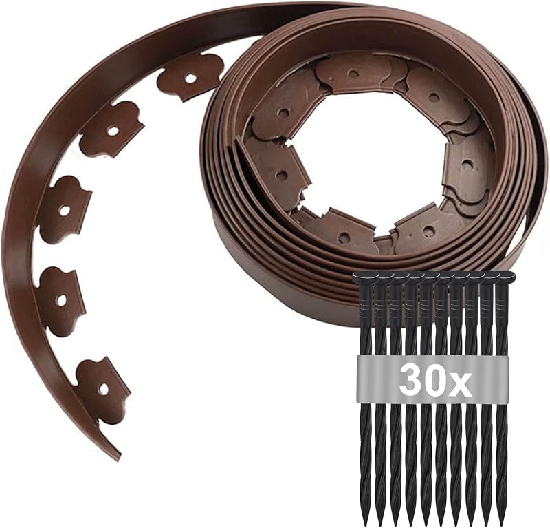 Flexible Garteneinfassung 10 M × 5 Cm, Garteneinfassung Mit 30 Erdankern, Garteneinfassung Aus Kunststoff Für Den Außenbereich, Flexible Raseneinfassung, Raseneinfassungspfähle (braun)