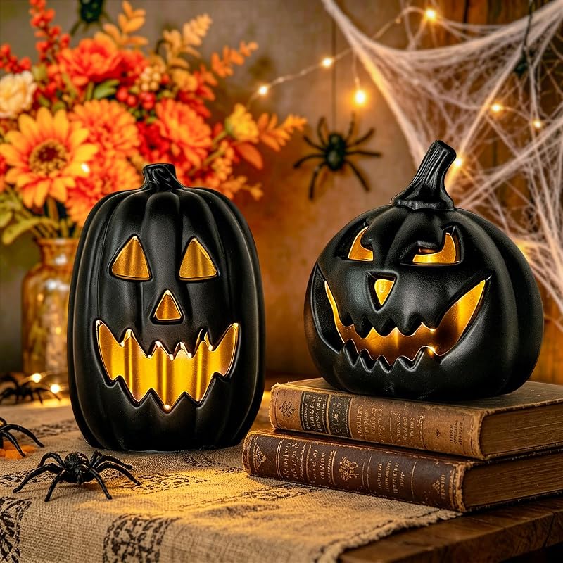 Halloween-lichtkürbisse, 2er-pack, Dekoration Für Drinnen Und Draußen, Laterne Mit Warmweißen Leds, Wasserdichter Riesen-halloweenkürbis Für Spukhäuser, Mottopartys Und Feste, Schwarz