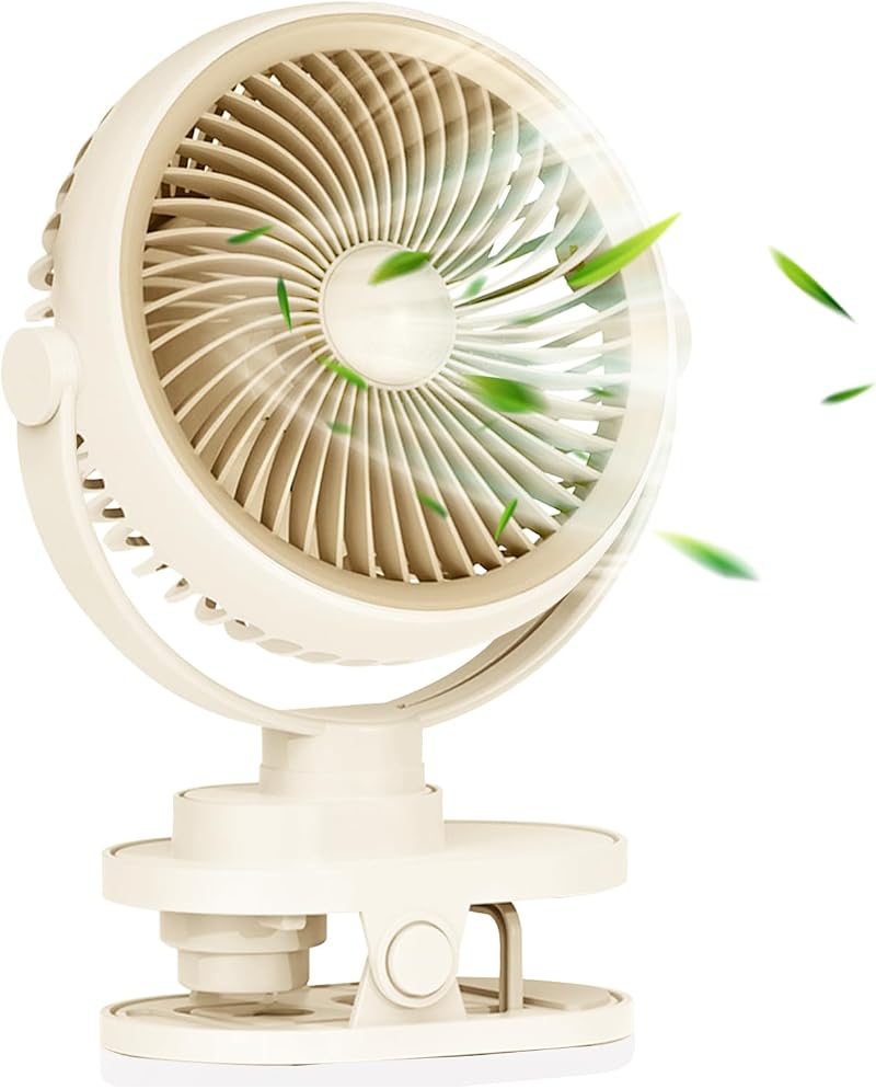 Wiederaufladbarer Usb-clip-ventilator, 1200 Mah, 5 Geschwindigkeitsstufen, 360°-drehung, Wendbar, Kratzfest, Kompakter Clip Für Kinderwagen/auto/büro, Mit Nachtlicht – Ideales Sommergeschenk (beige)